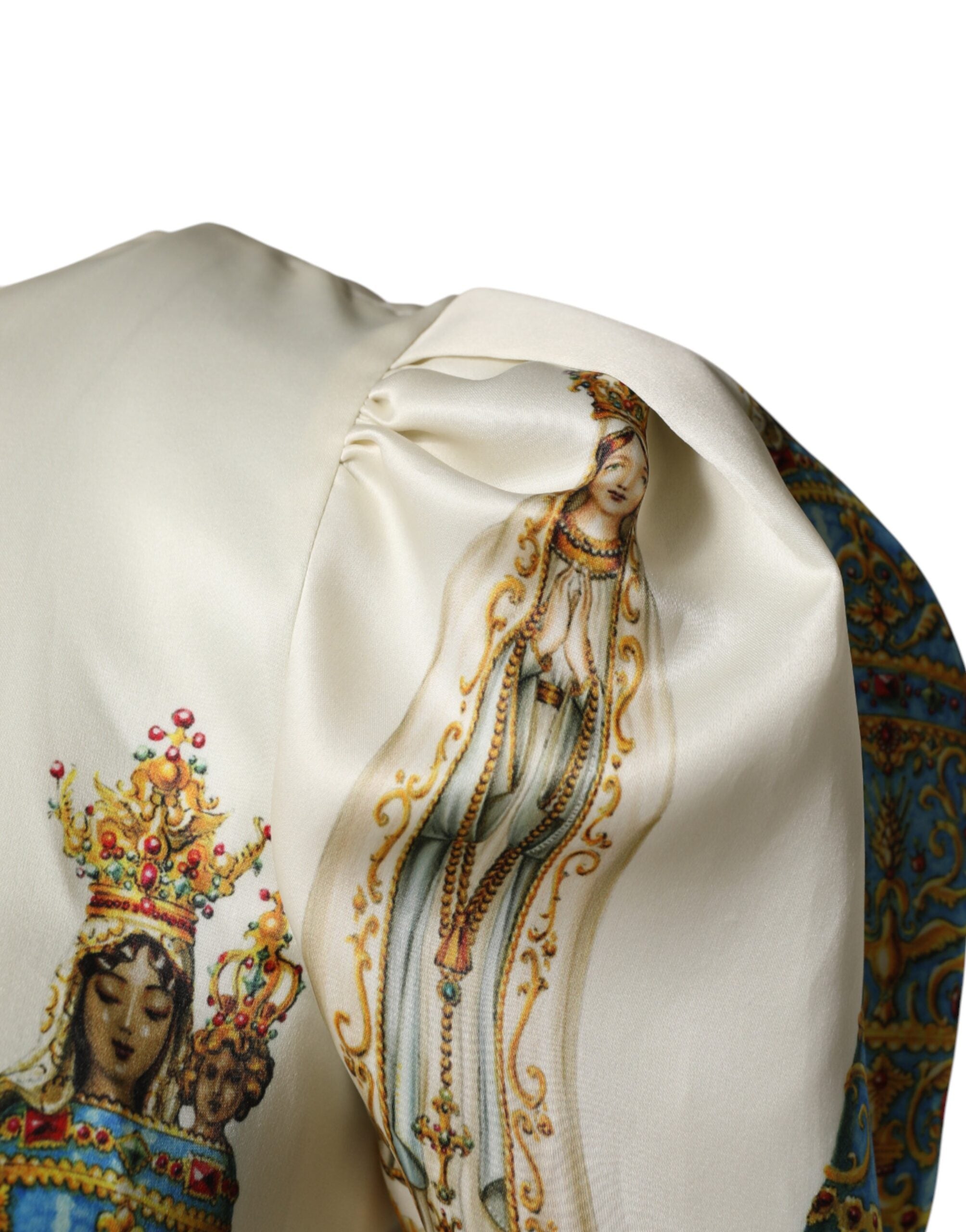 Dolce & Gabbana Beige Madonne Print Silkekjole med Korte Ærmer