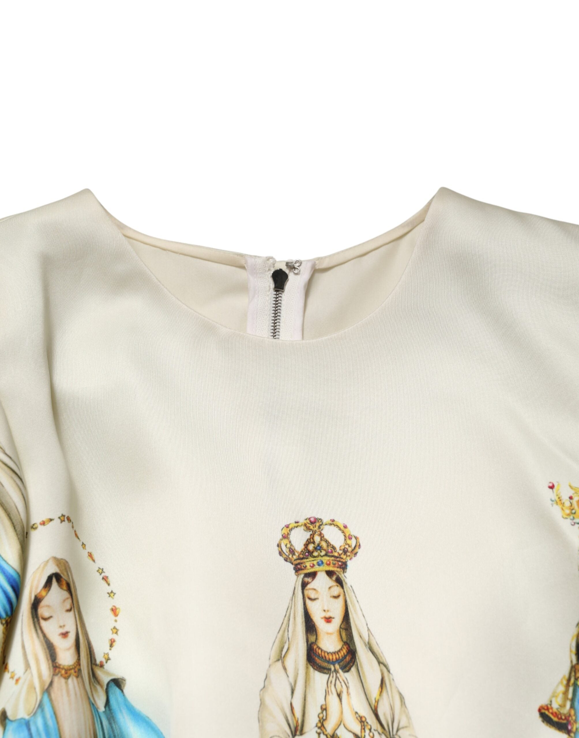 Dolce & Gabbana Beige Madonne Print Silkekjole med Korte Ærmer