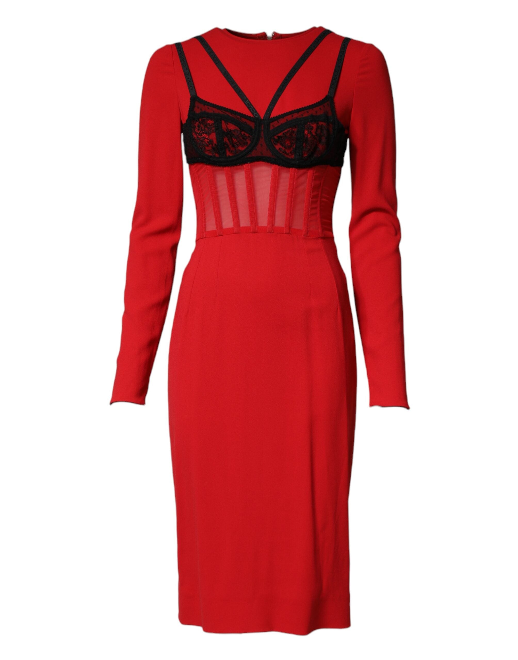 Dolce &amp; Gabbana Sort Rød Kontrasterende BH Cady Midi Kjole