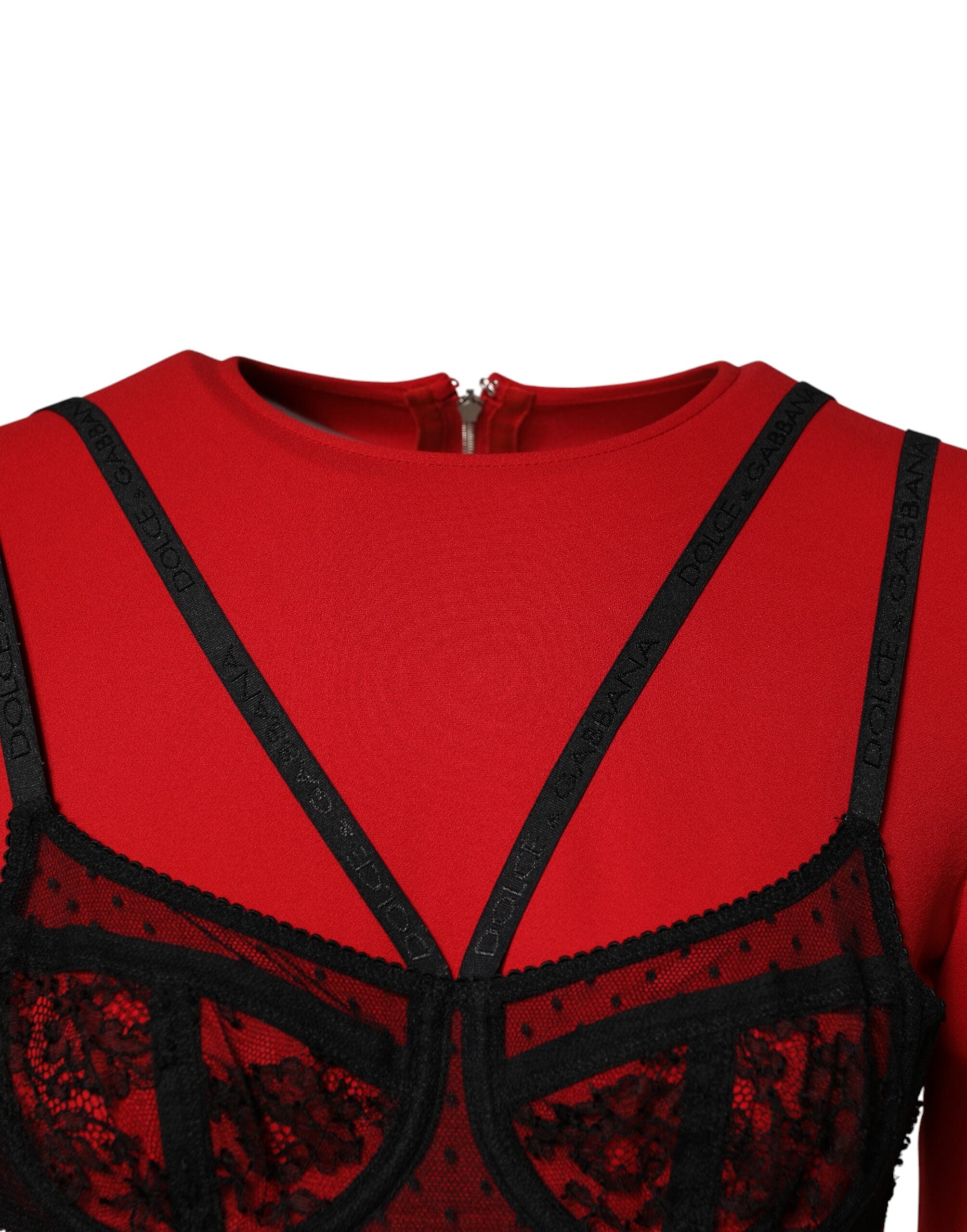 Dolce &amp; Gabbana Sort Rød Kontrasterende BH Cady Midi Kjole