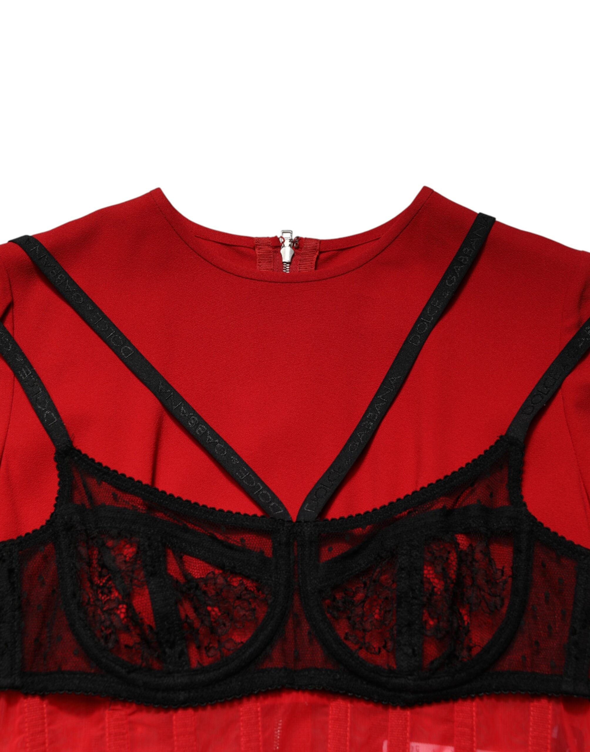 Dolce &amp; Gabbana Sort Rød Kontrasterende BH Cady Midi Kjole