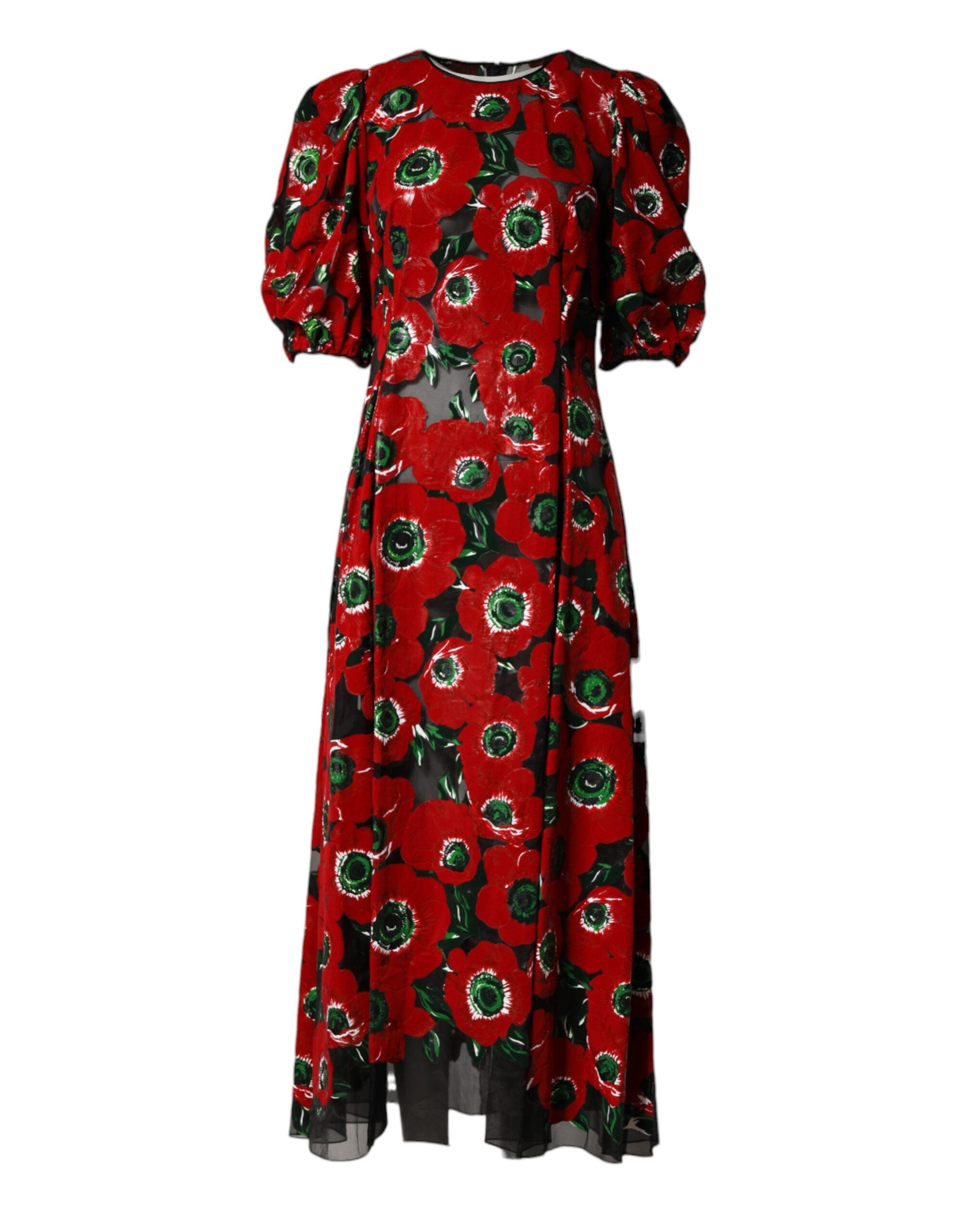 Dolce &amp; Gabbana Rød Blomsterprint Nylon A-formet Midikjole