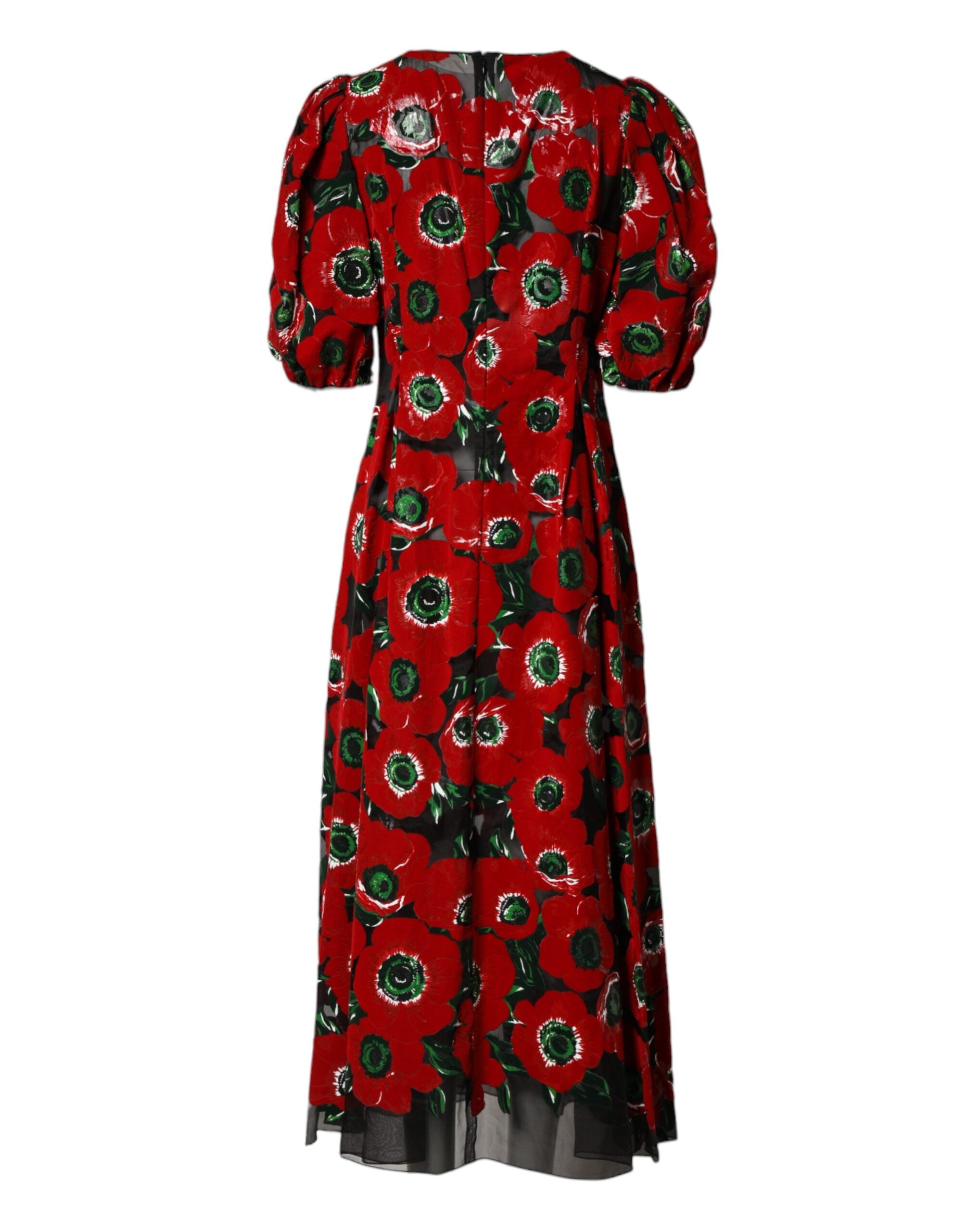 Dolce &amp; Gabbana Rød Blomsterprint Nylon A-formet Midikjole