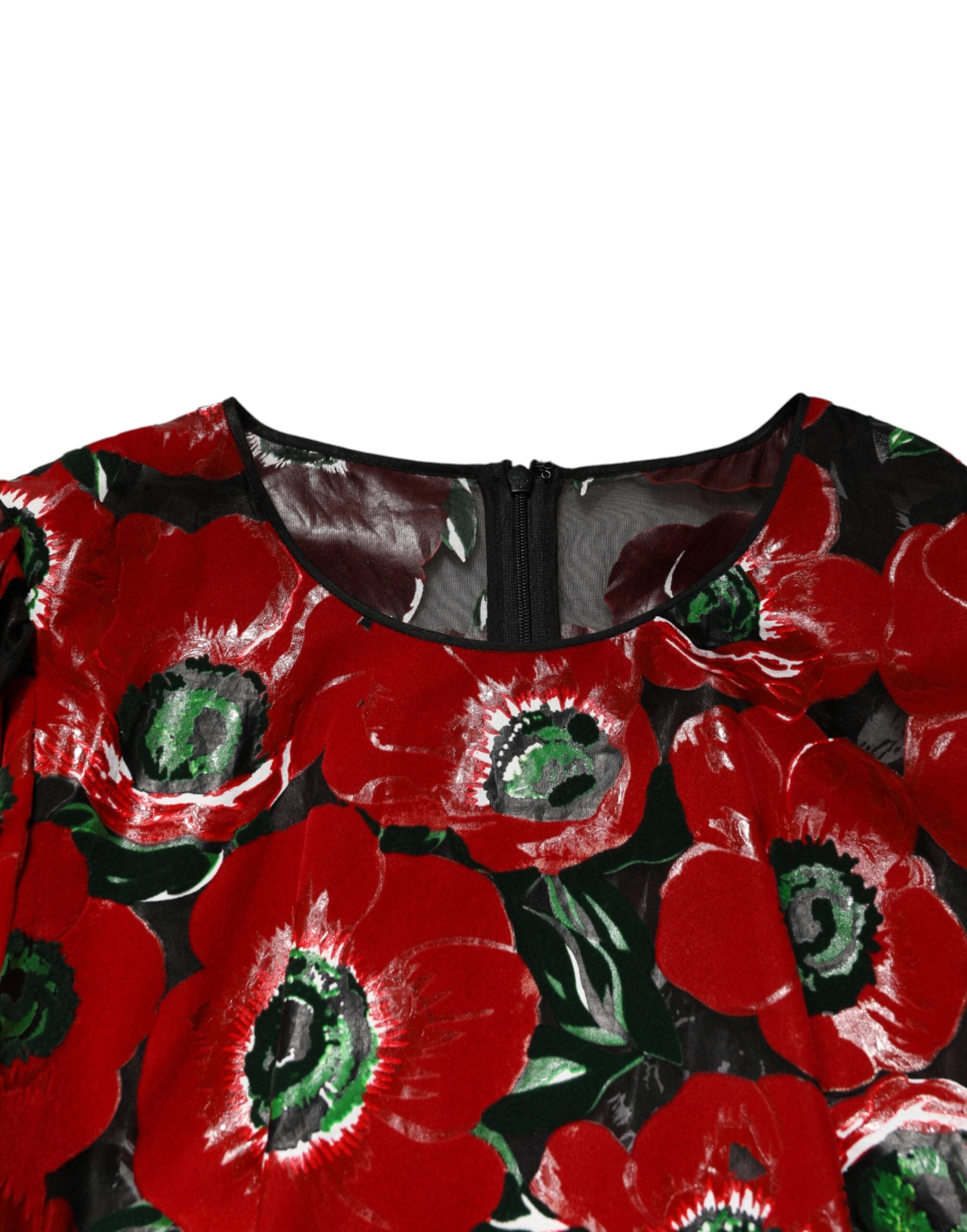 Dolce &amp; Gabbana Rød Blomsterprint Nylon A-formet Midikjole