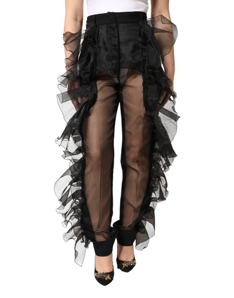 Dolce & Gabbana Black High Waist Tulle Wool Trouser Pants
