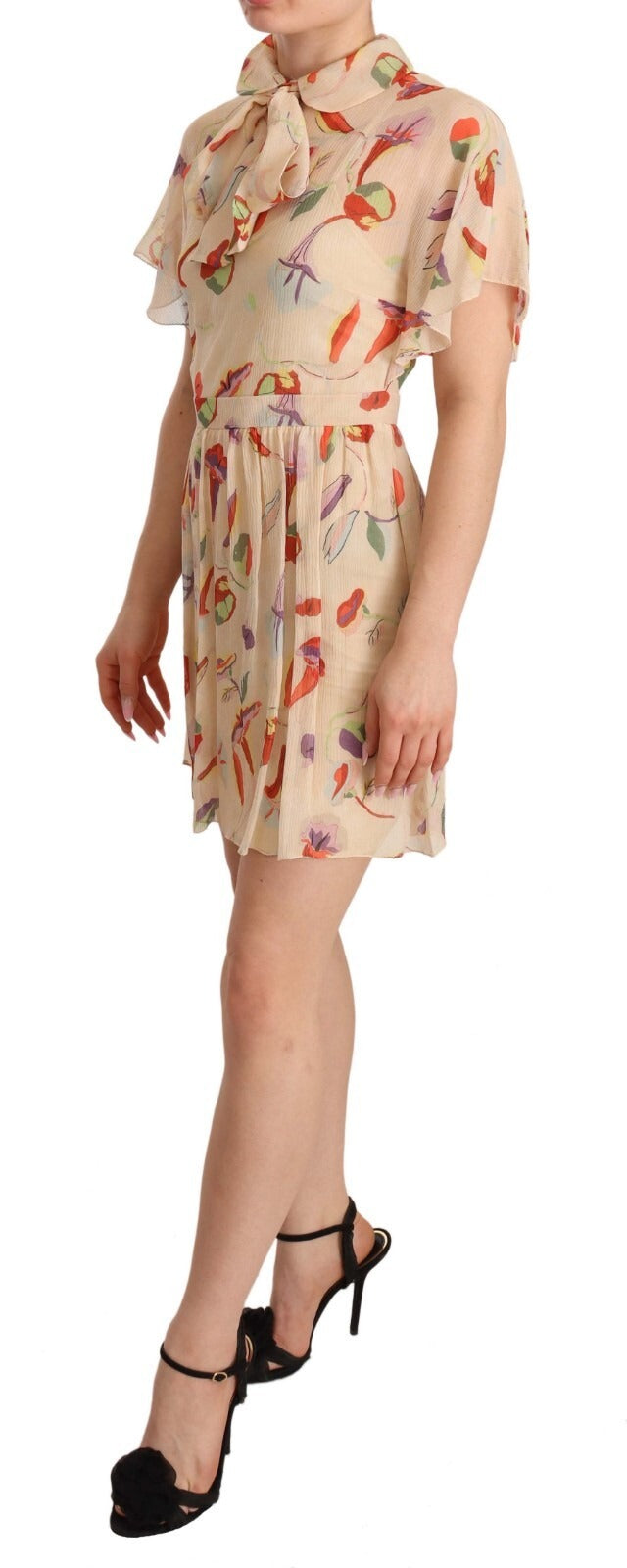 Rød Valentino Beige Ascot-krave Kortærmet Aline Minikjole