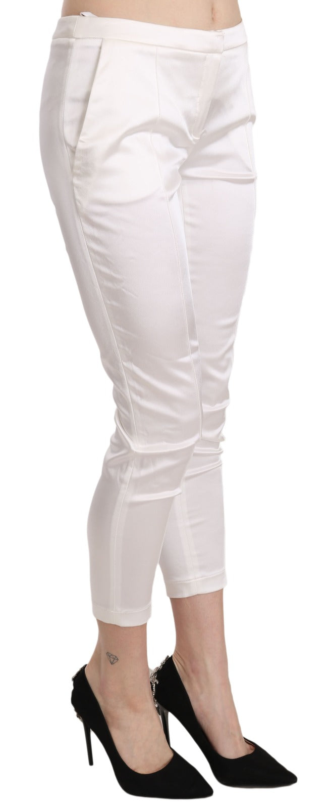Elisabetta Franchi White Low Waist Cropped Skinny Trouser Pants