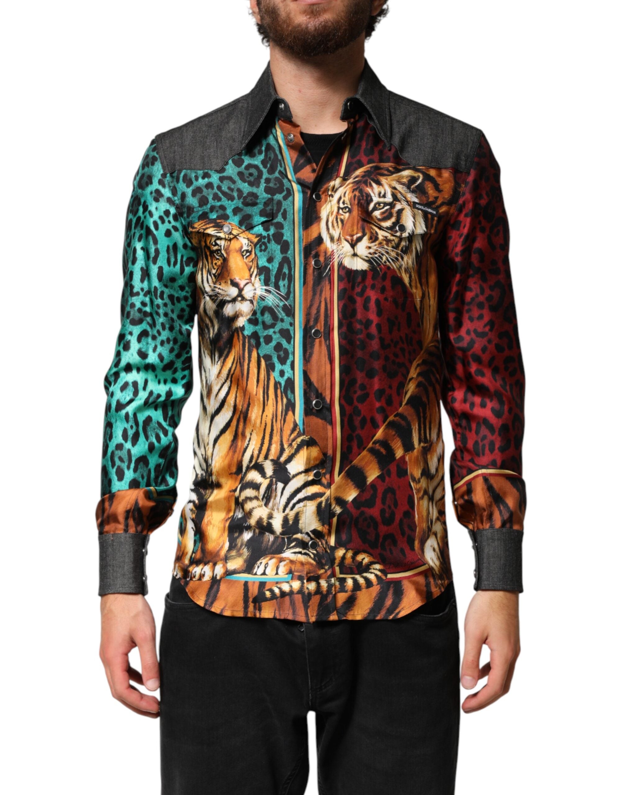 Dolce &amp; Gabbana Flerfarvet Tiger Leopard Print Silke Herreskjorte
