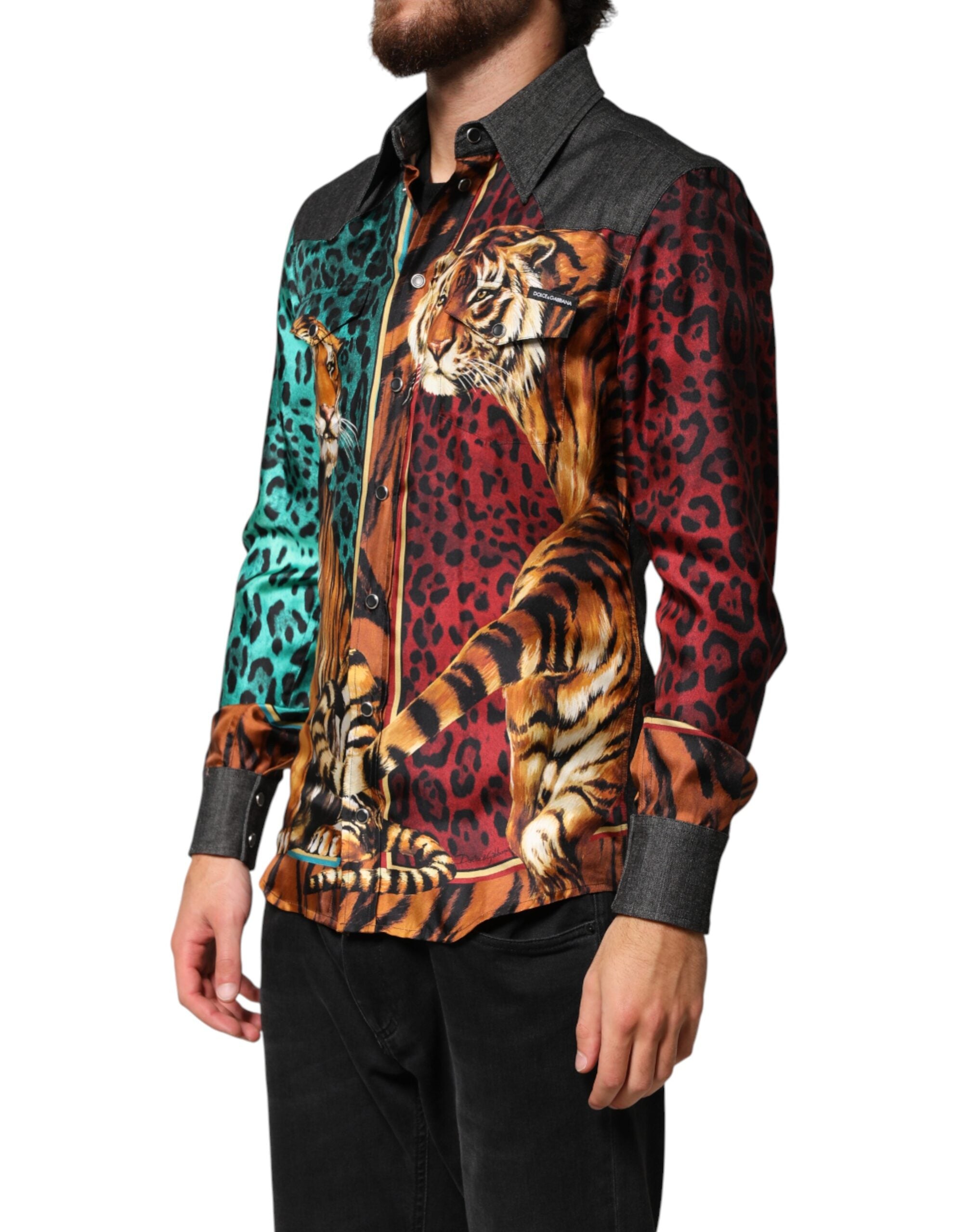 Dolce &amp; Gabbana Flerfarvet Tiger Leopard Print Silke Herreskjorte
