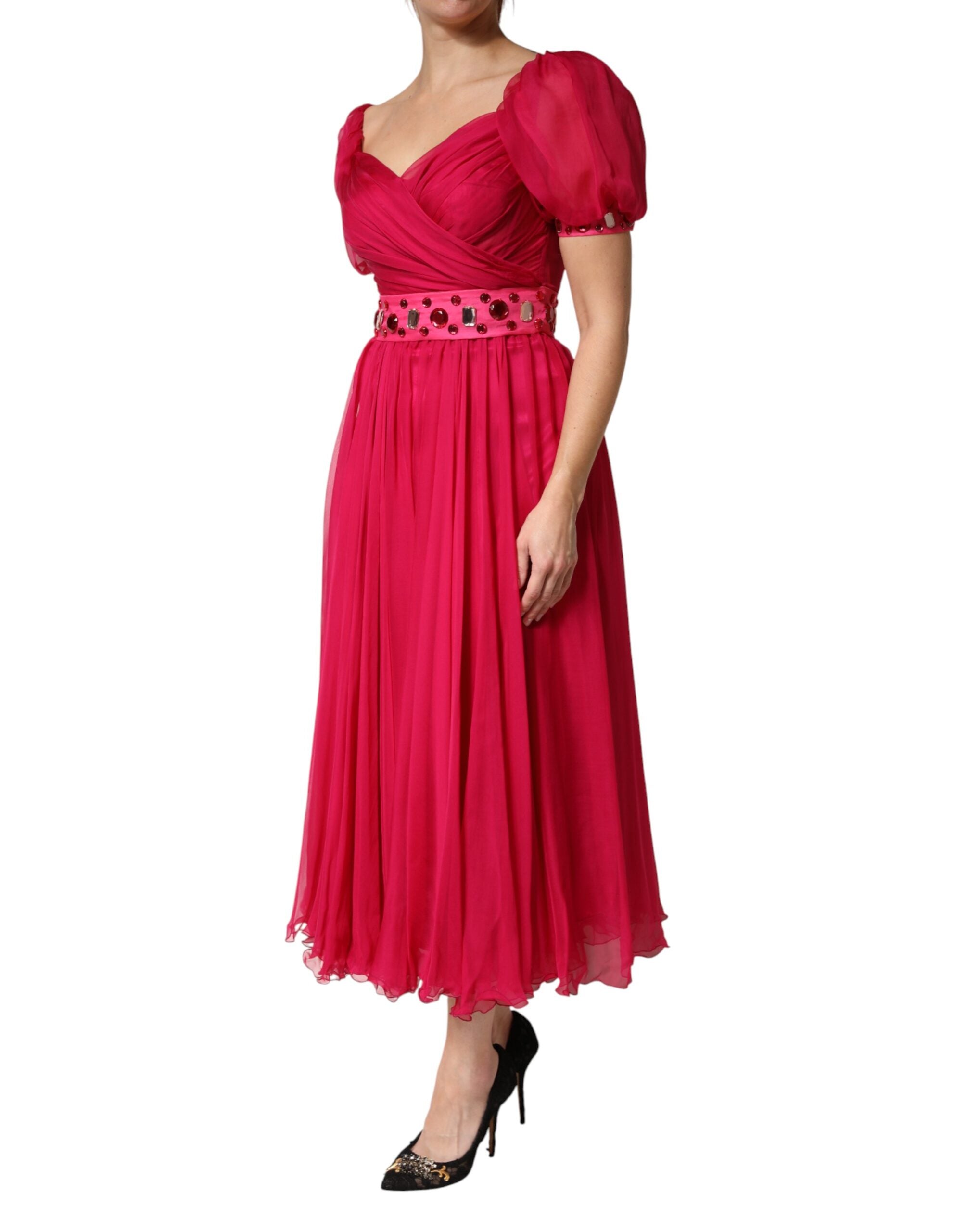 Dolce &amp; Gabbana Rosa Sidenutsmyckad A-linjeformad Midiklänning