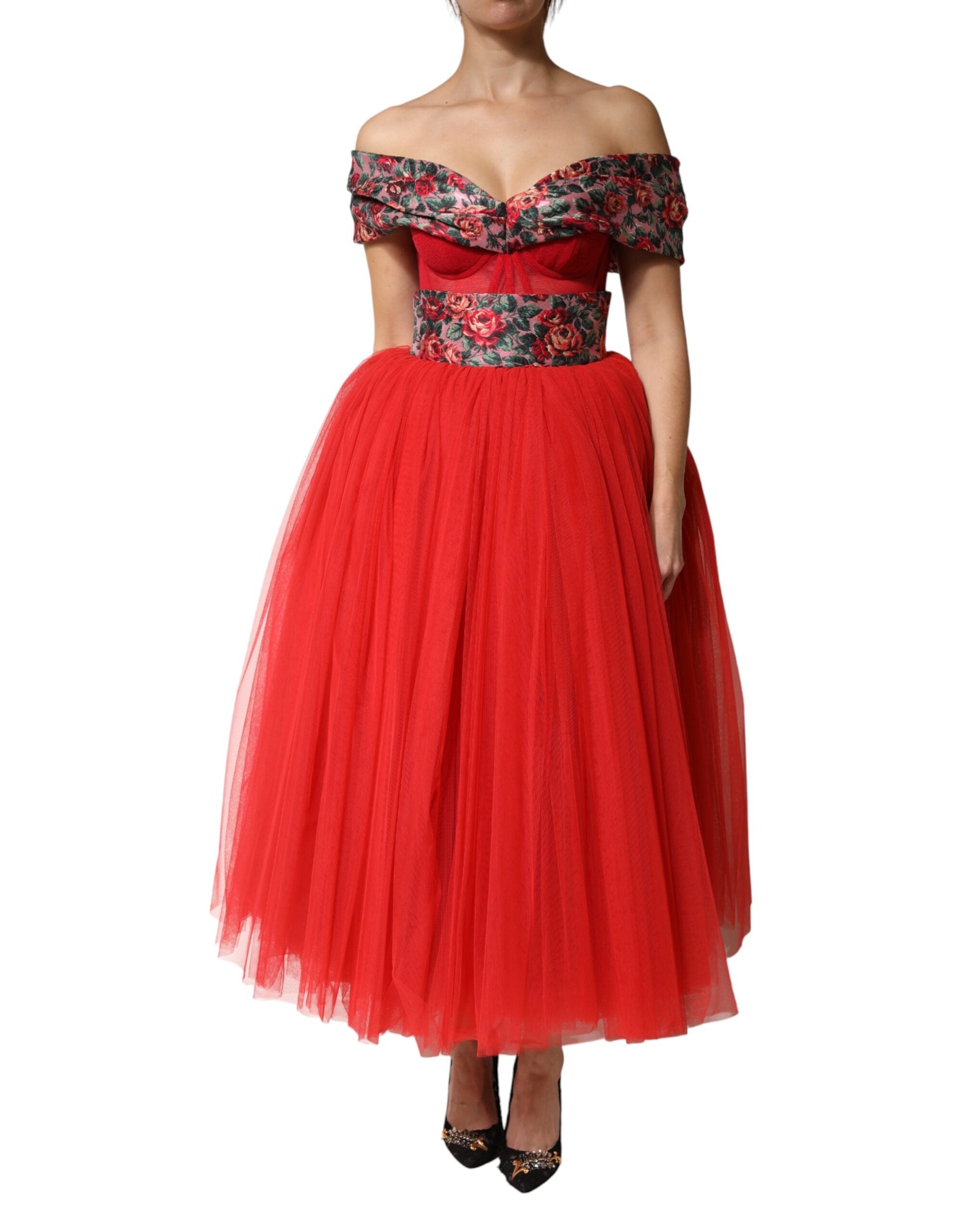 Dolce &amp; Gabbana Rød Blomsterkjole Off Shoulder A-linje