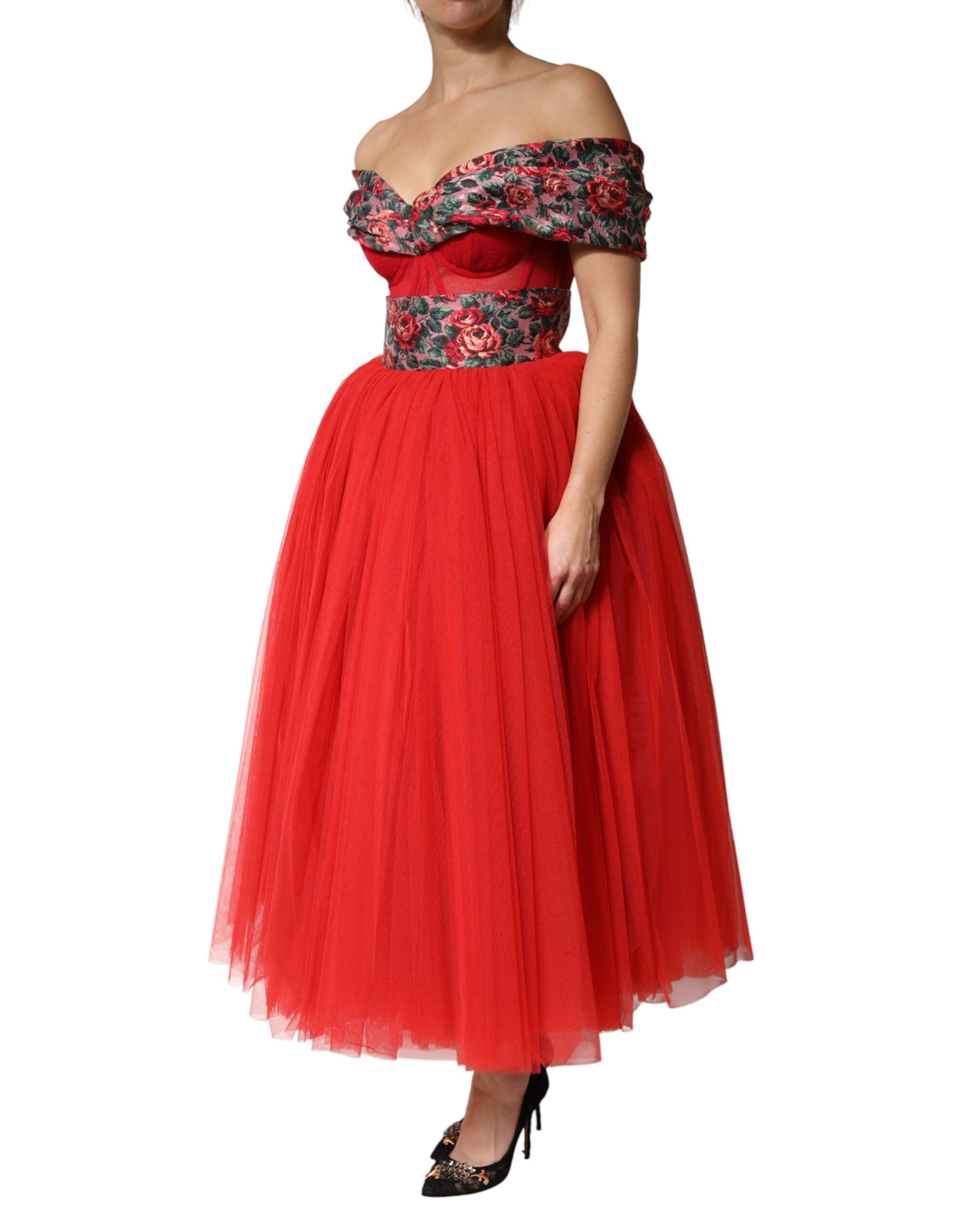 Dolce &amp; Gabbana Rød Blomsterkjole Off Shoulder A-linje