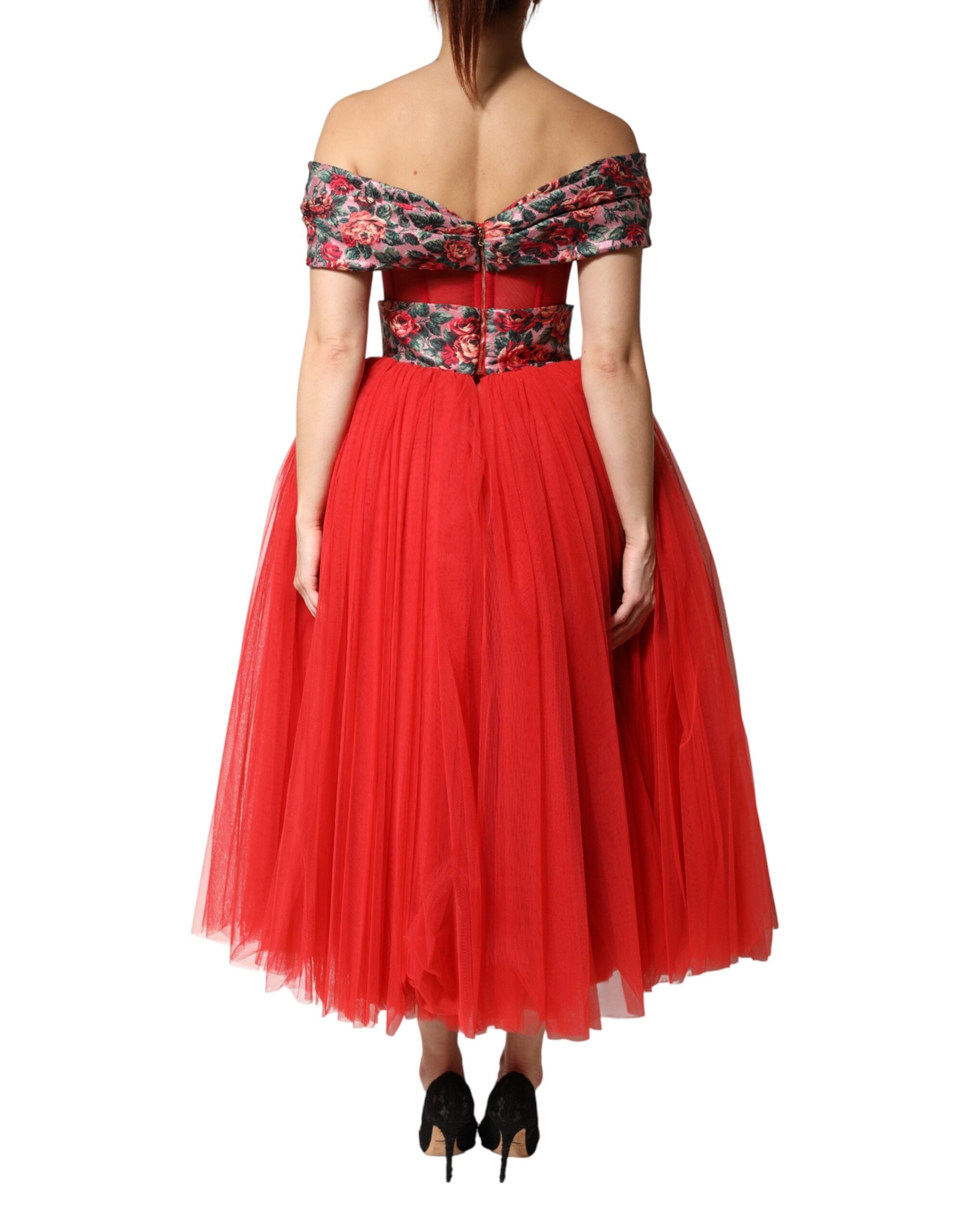 Dolce &amp; Gabbana Rød Blomsterkjole Off Shoulder A-linje