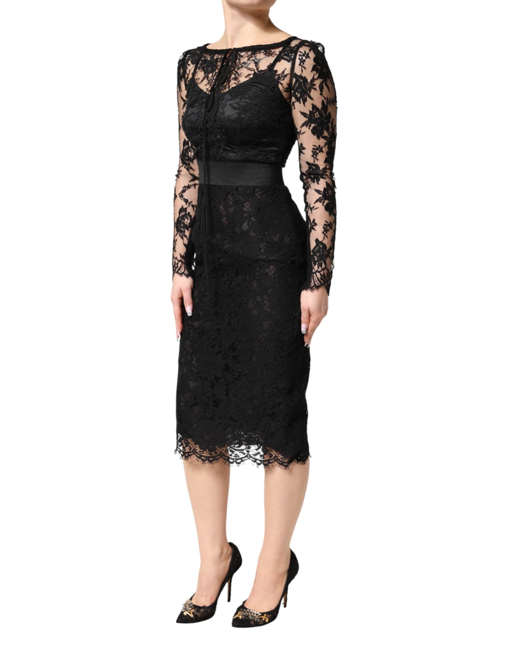 Dolce & Gabbana Black Lace Trim Cotton Sheath Midi Dress