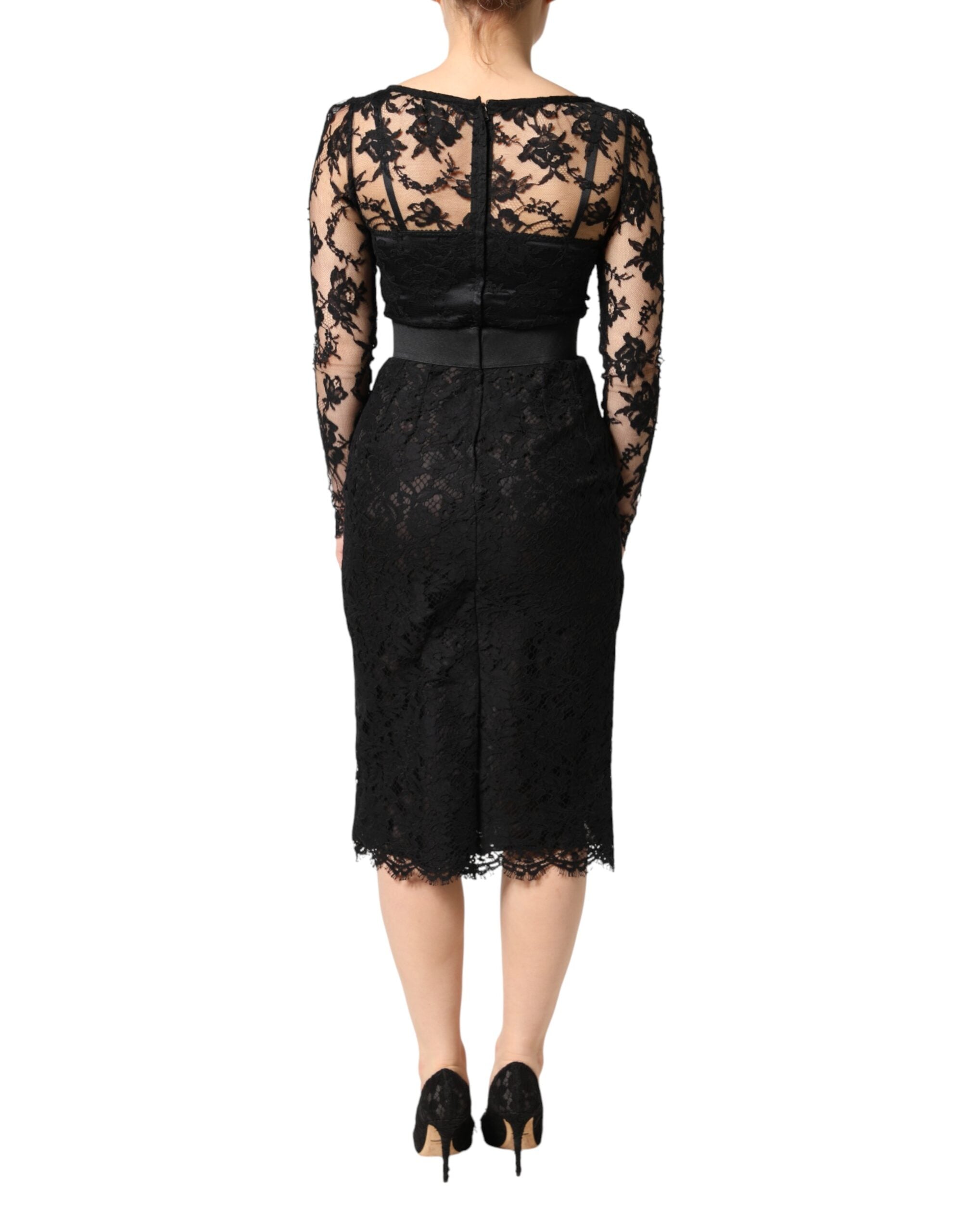 Dolce &amp; Gabbana Sort Midi-kjole med Blondekant og Bomuld