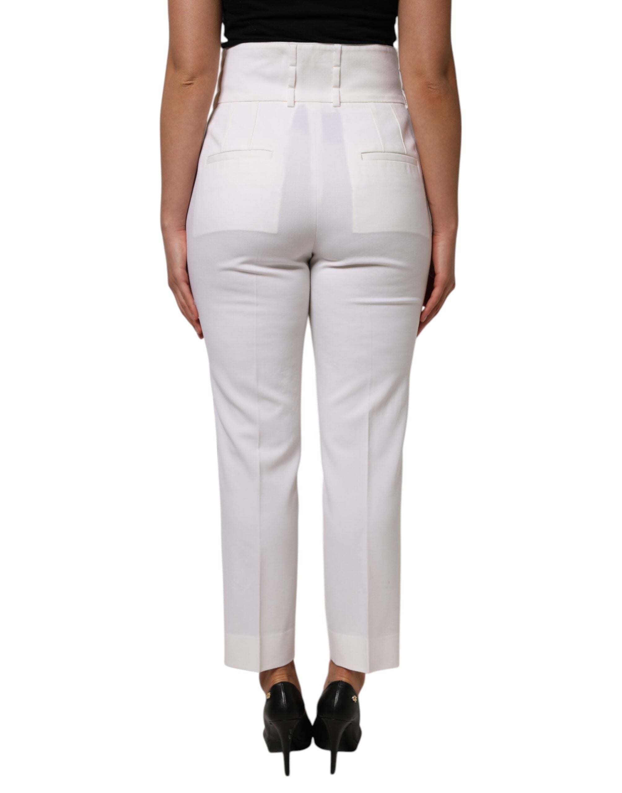 Dolce & Gabbana White Wool High Waist Tapered Trouser Pants