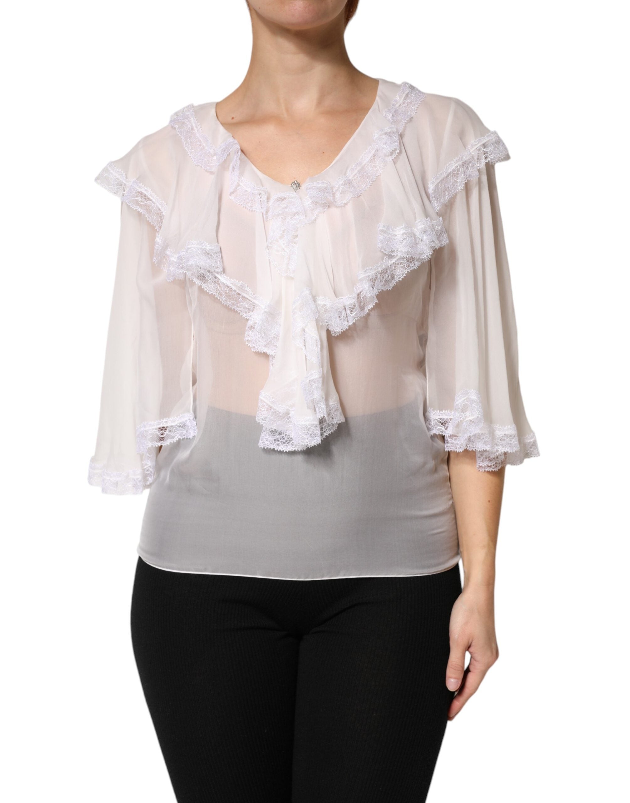 Dolce &amp; Gabbana hvid flæser blonder langærmet bluse top