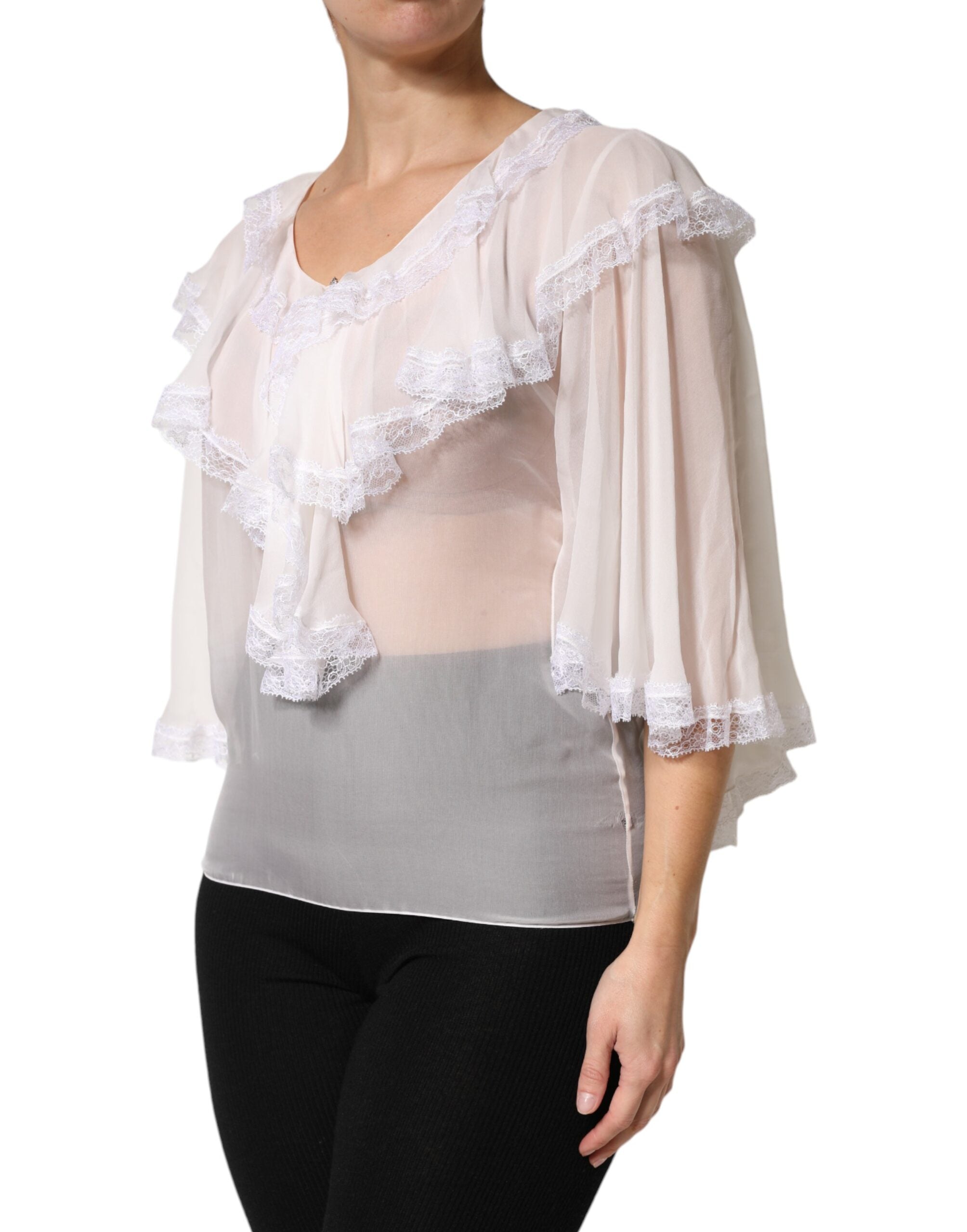 Dolce &amp; Gabbana hvid flæser blonder langærmet bluse top