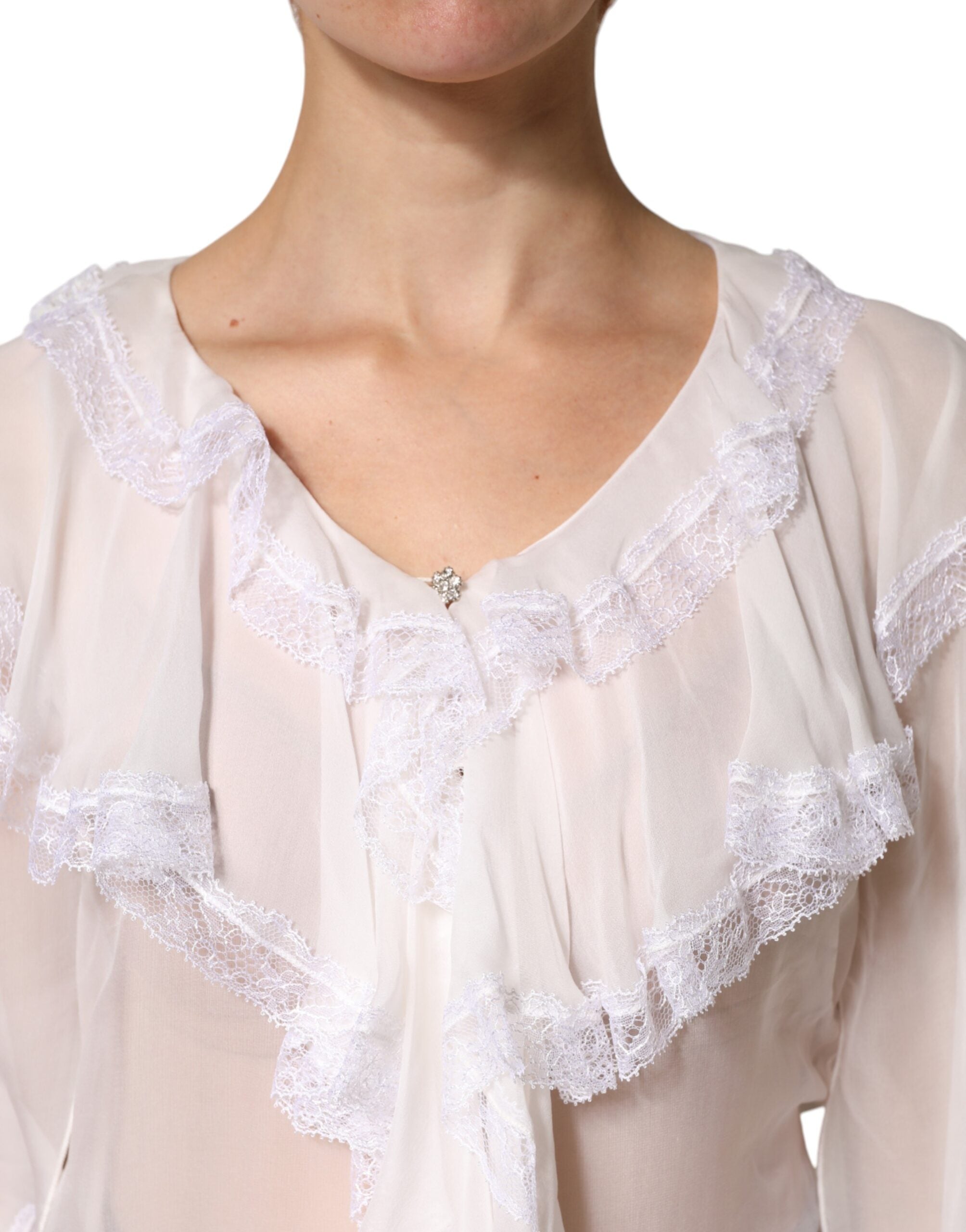 Dolce &amp; Gabbana hvid flæser blonder langærmet bluse top