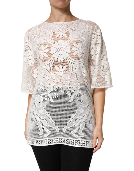 Dolce &amp; Gabbana Hvid Broderi Blonde Bomuld Bluse Top