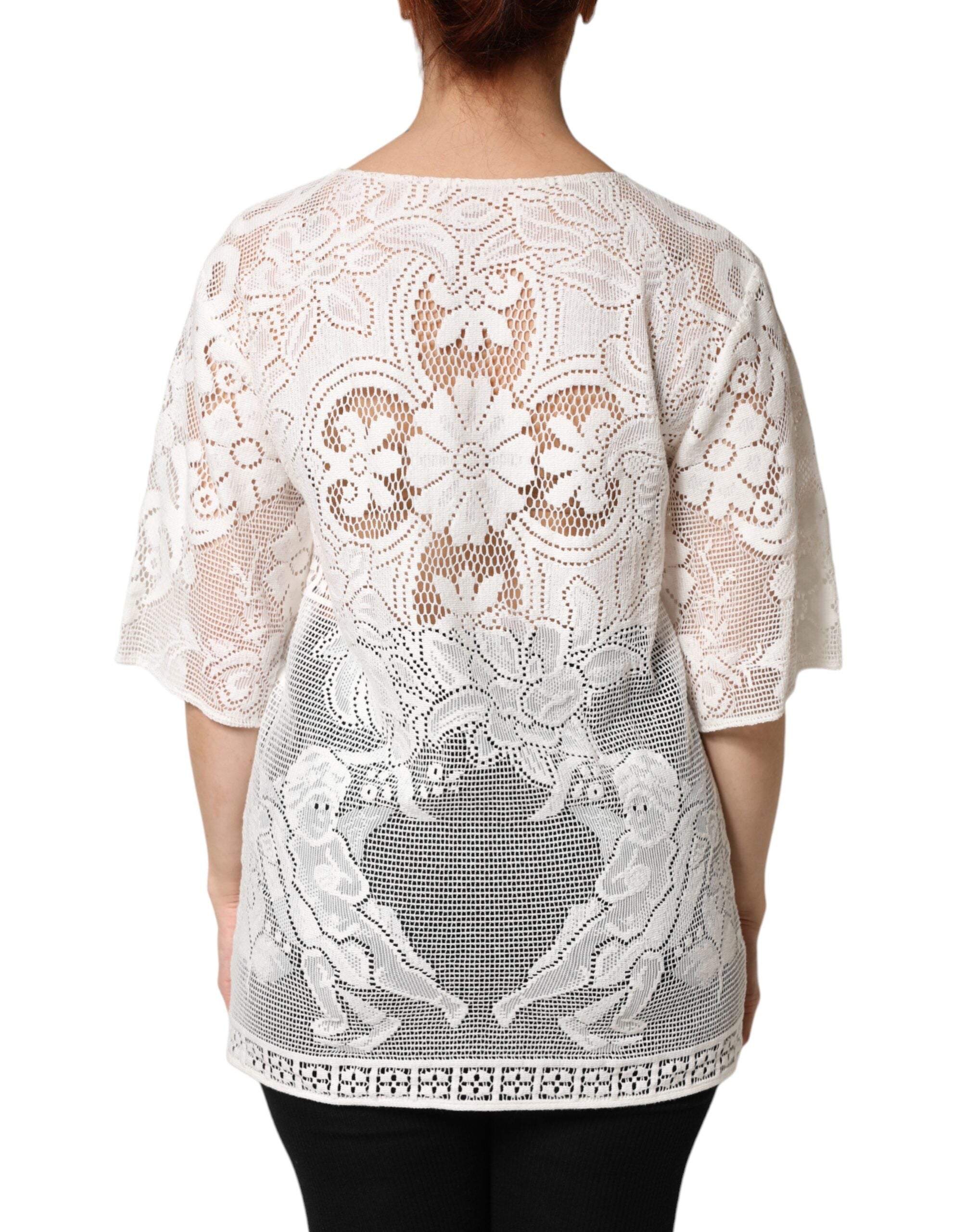 Dolce &amp; Gabbana Hvid Broderi Blonde Bomuld Bluse Top