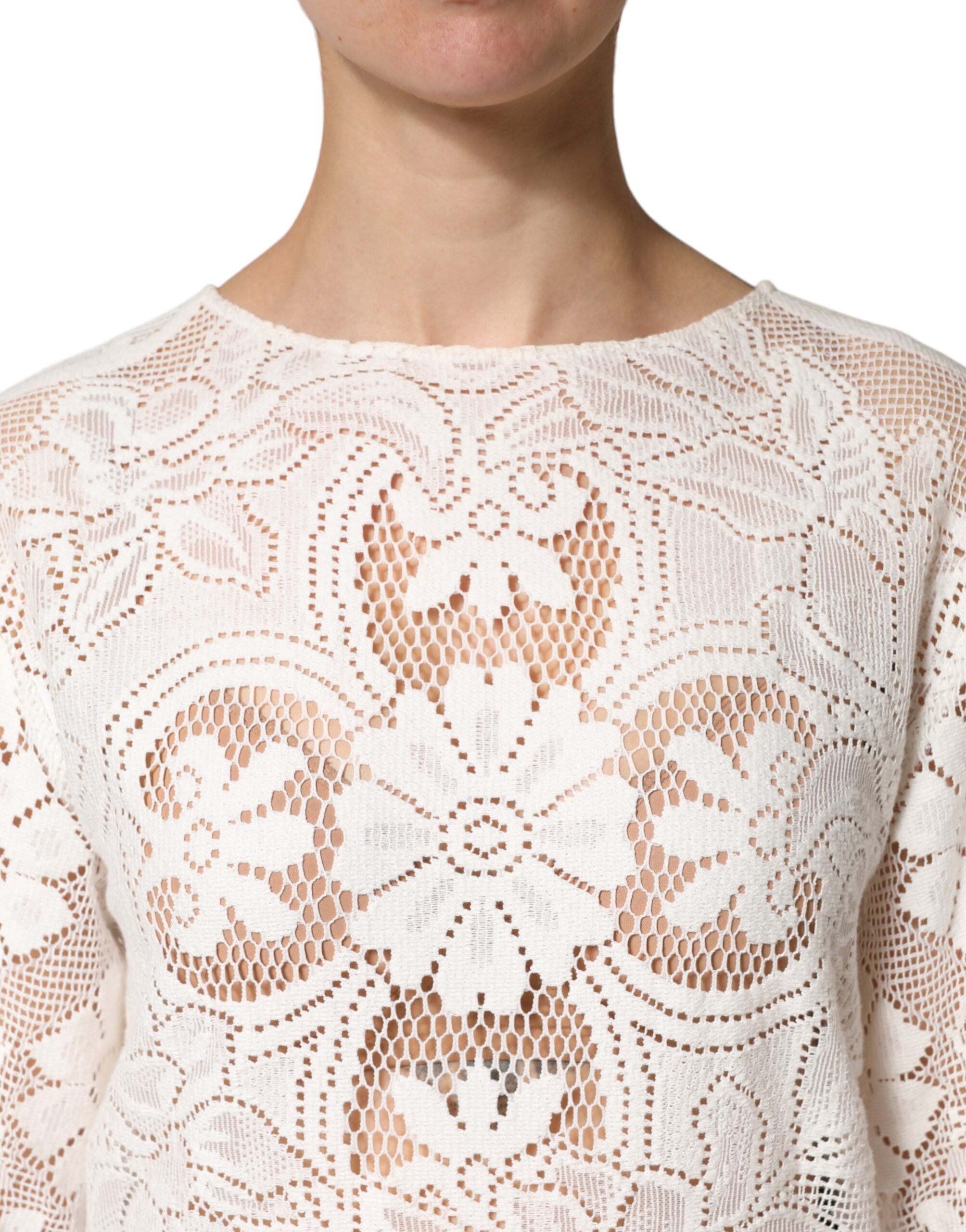 Dolce &amp; Gabbana Hvid Broderi Blonde Bomuld Bluse Top