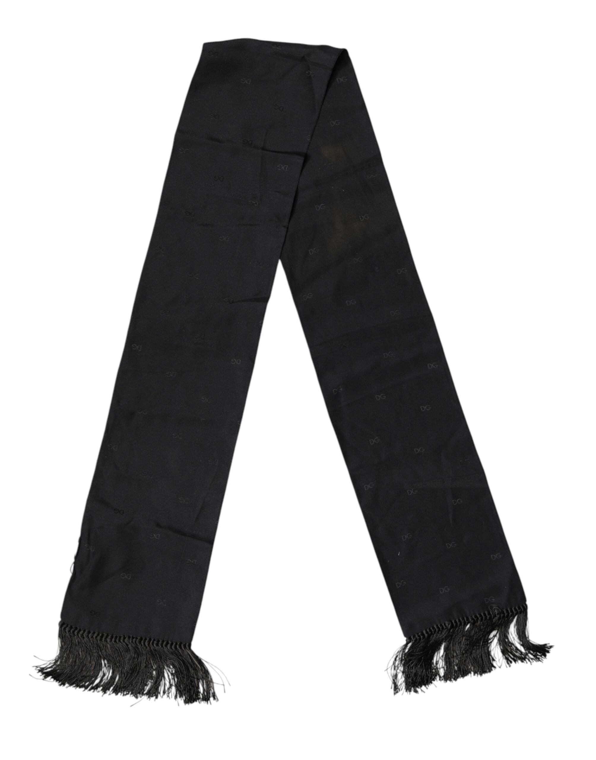 Dolce & Gabbana Sort Logo Silketørklæde med Frynser og Halsudskæring