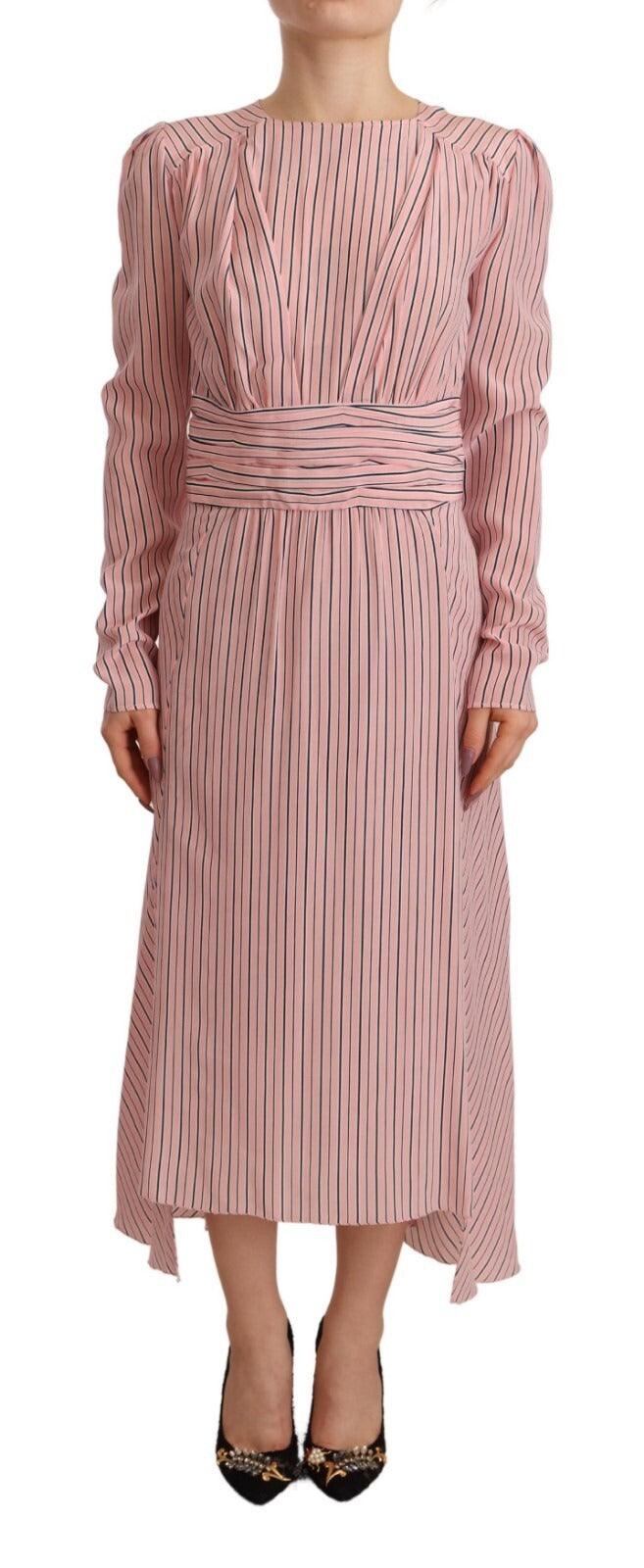 Ermanno Scervino Pink Stribet Langærmet Midikjole