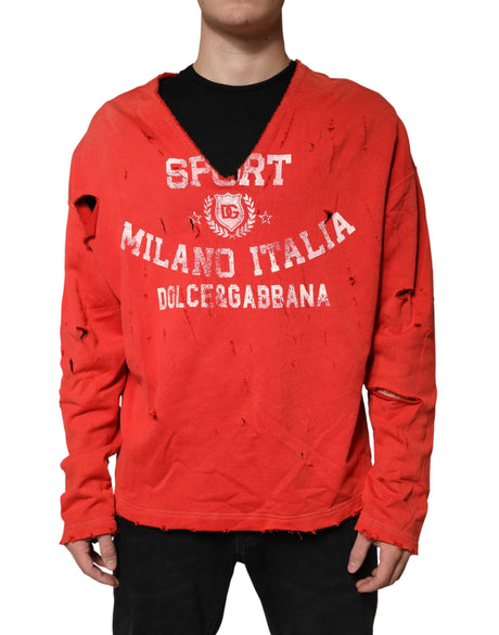 Dolce & Gabbana Red Distressed Cotton V-Neck Sweatshirt Men  Sweater