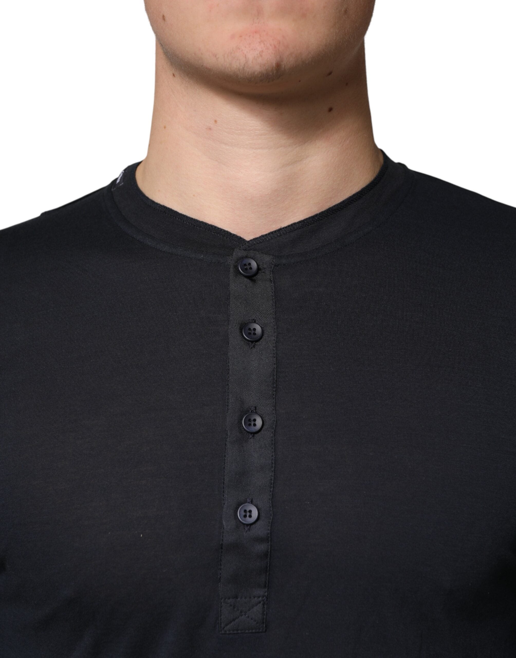 Dolce & Gabbana Dark Blue Cotton Henley Long Sleeves T-Shirt
