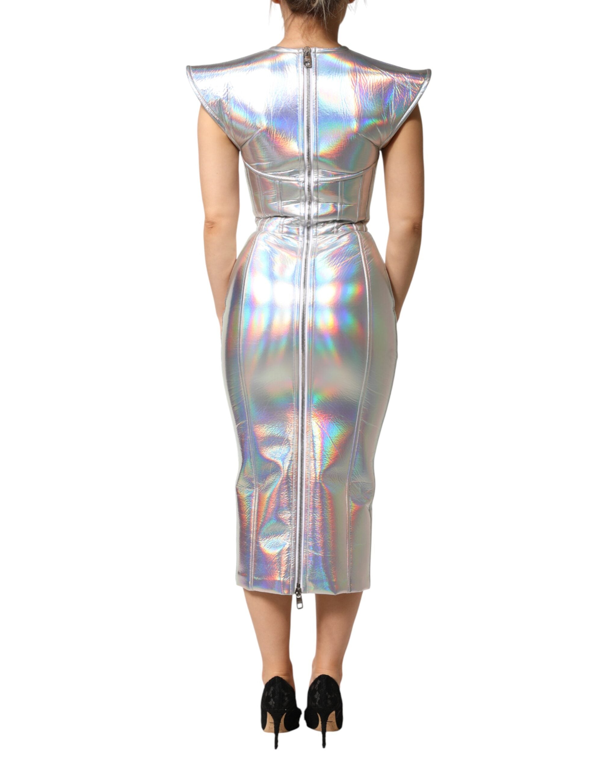 Dolce & Gabbana Silver Iridescent Bodycon Sheath Midi Dress