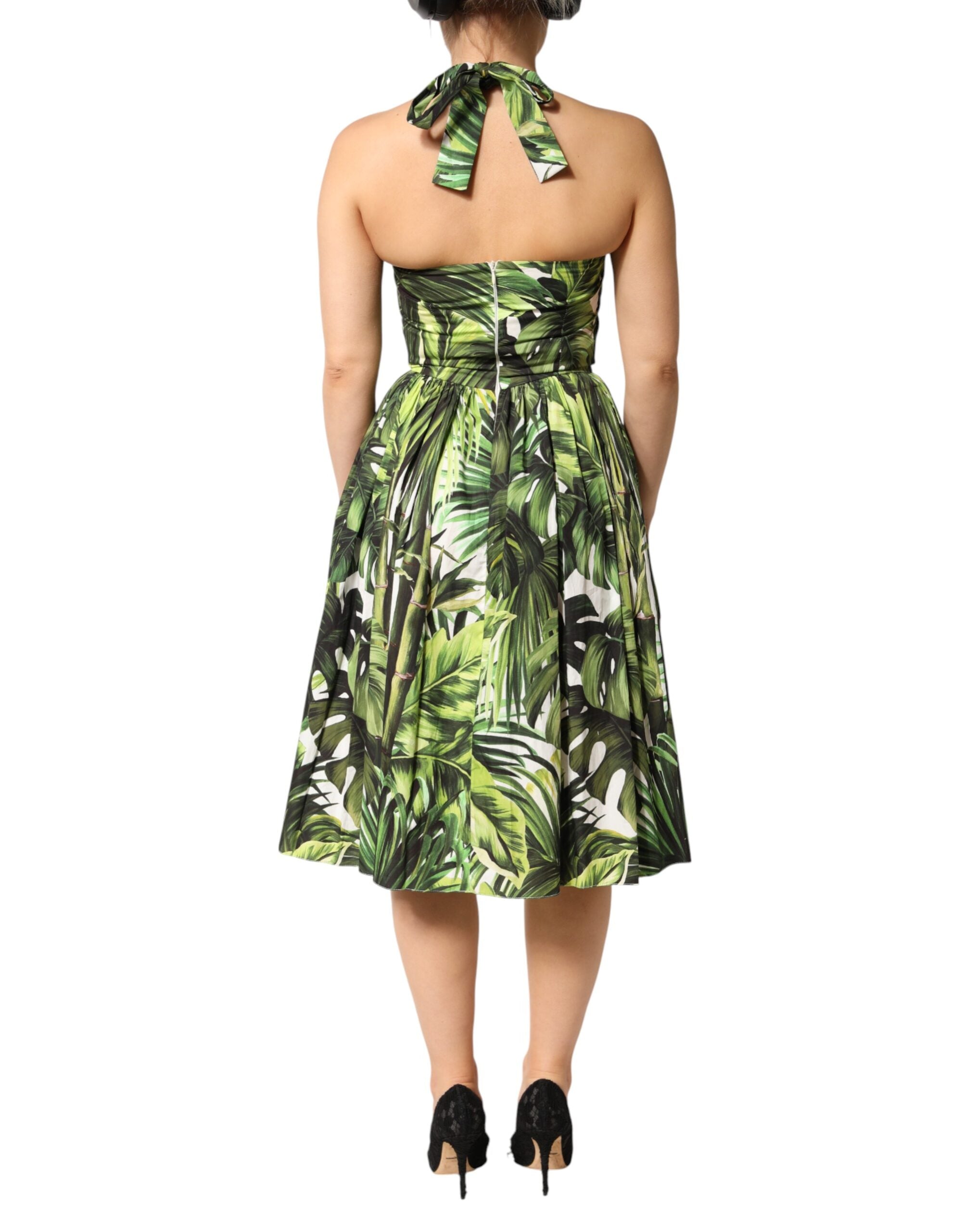 Dolce & Gabbana Green Leaves Print Cotton Halter Midi Dress