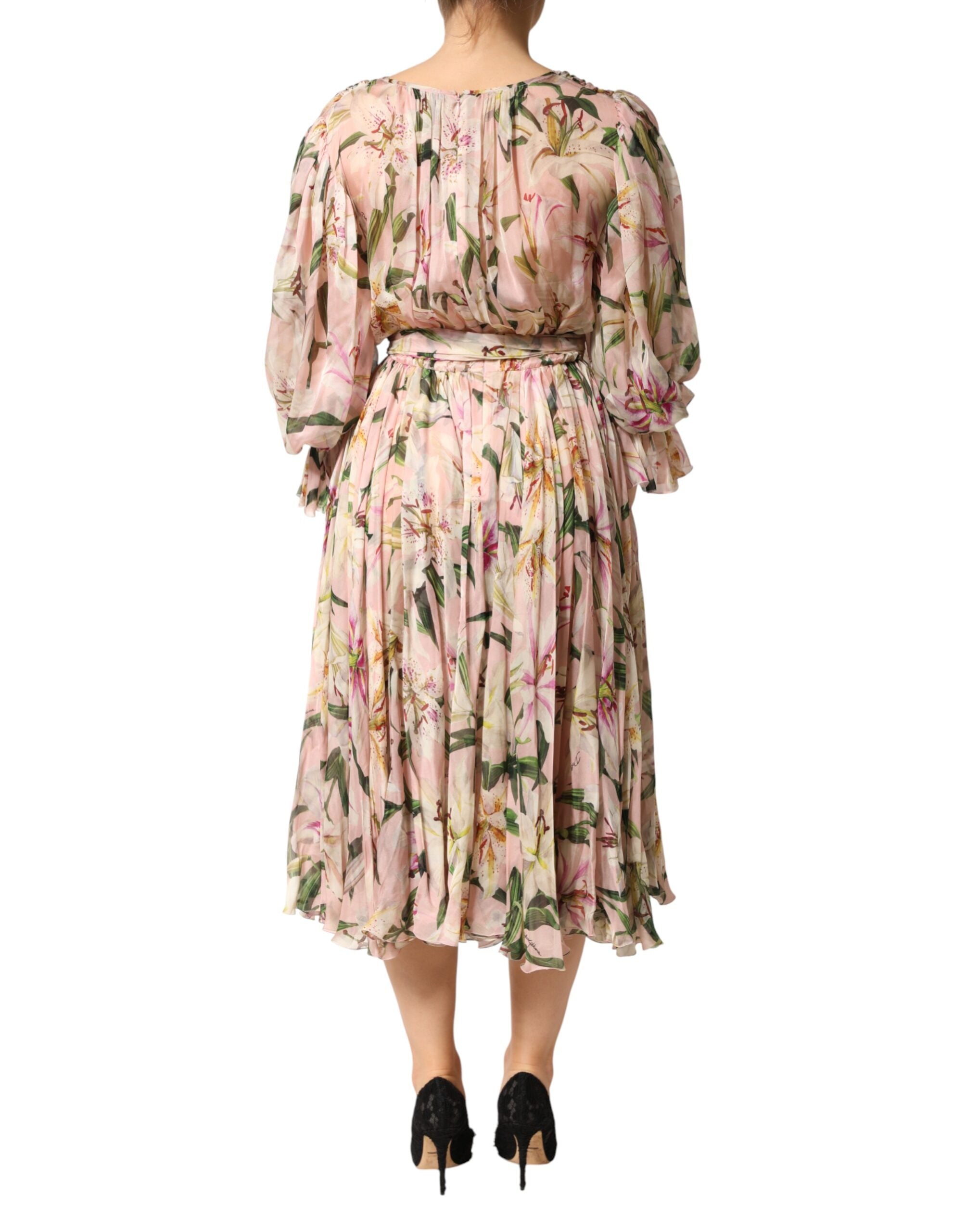Dolce & Gabbana Pink Lily Print A-line Pleated Maxi Dress