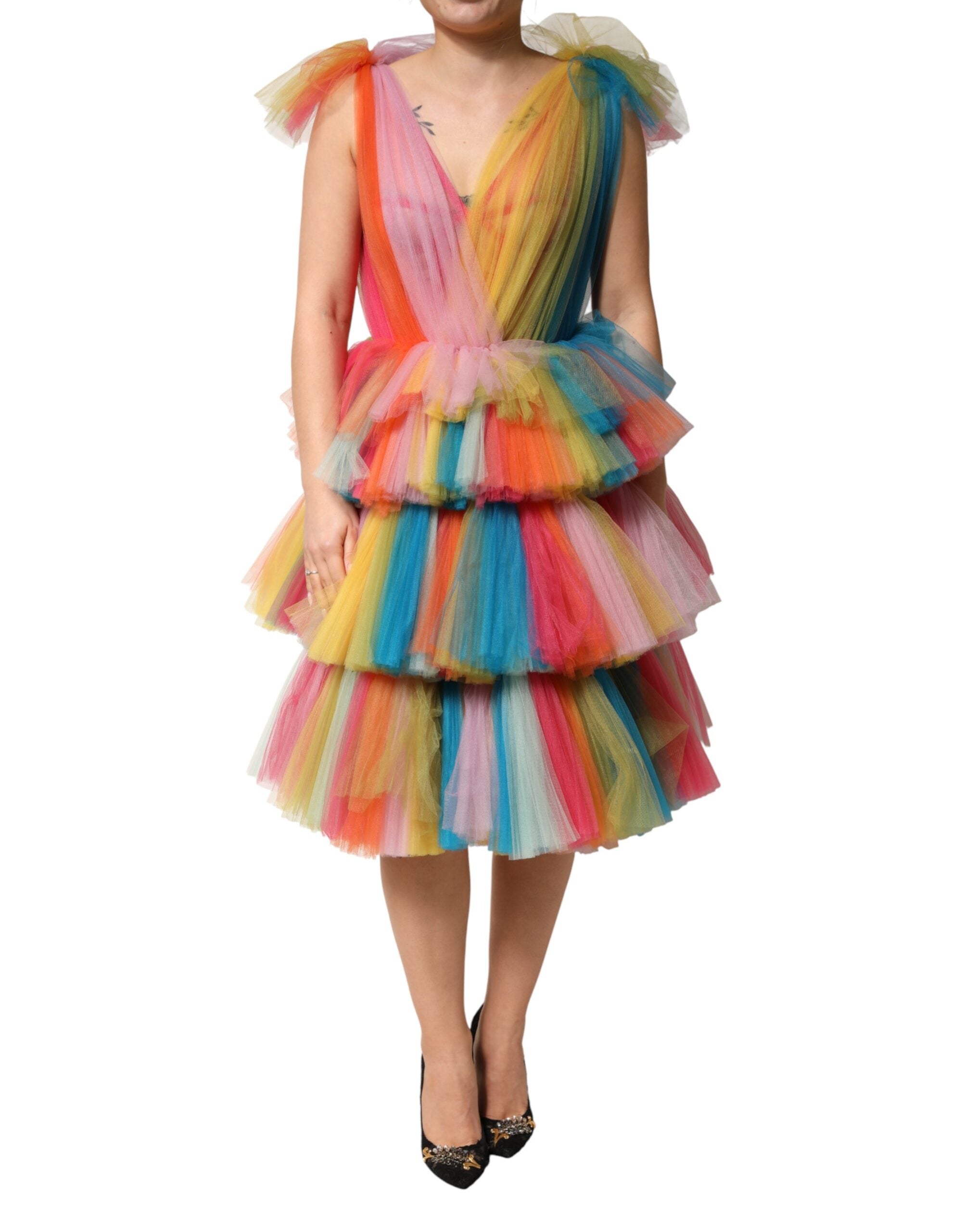Dolce & Gabbana Multicolor Nylon Tiered Tulle Midi Dress