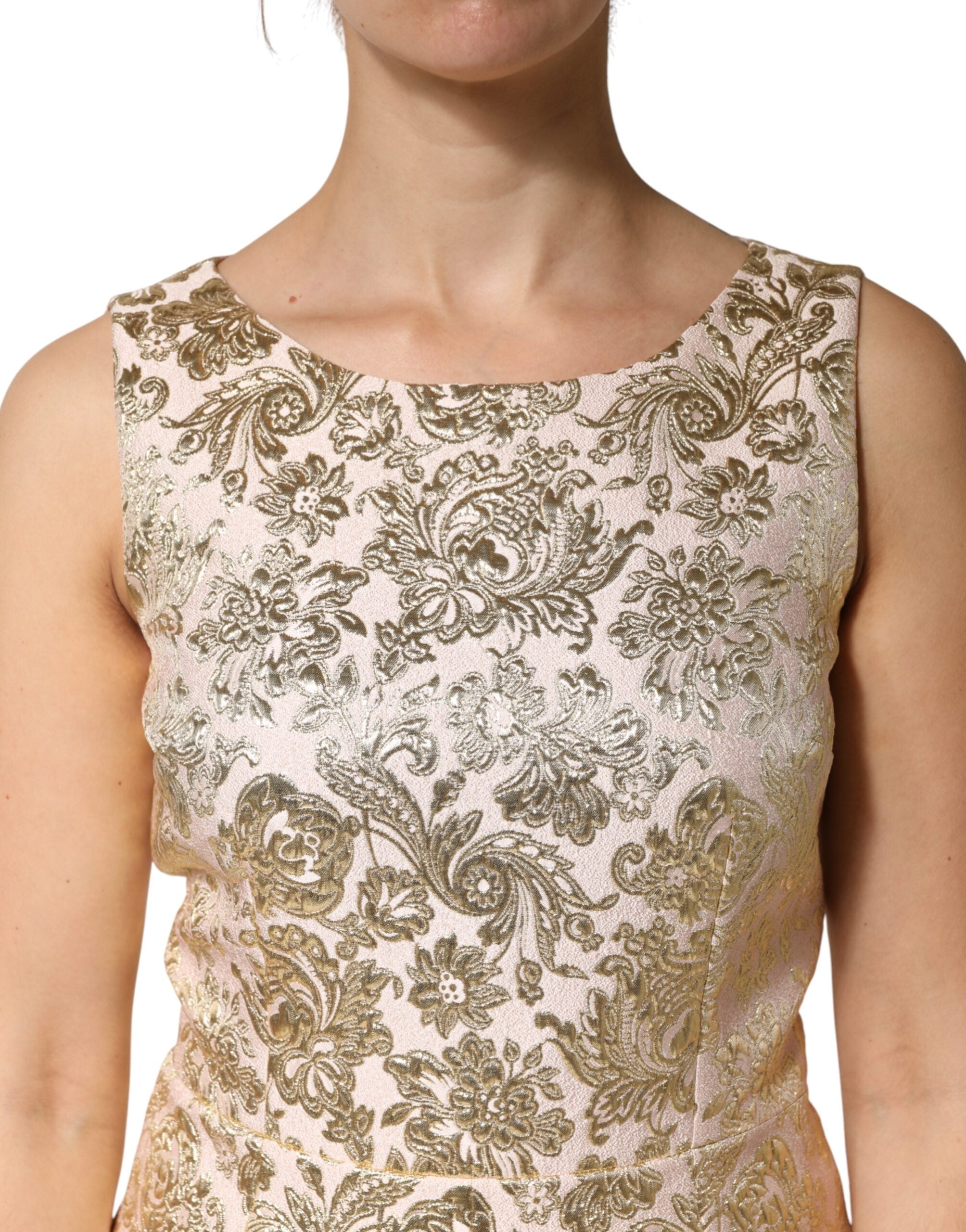Dolce & Gabbana Beige Gold Floral Brocade Sleeveless Dress