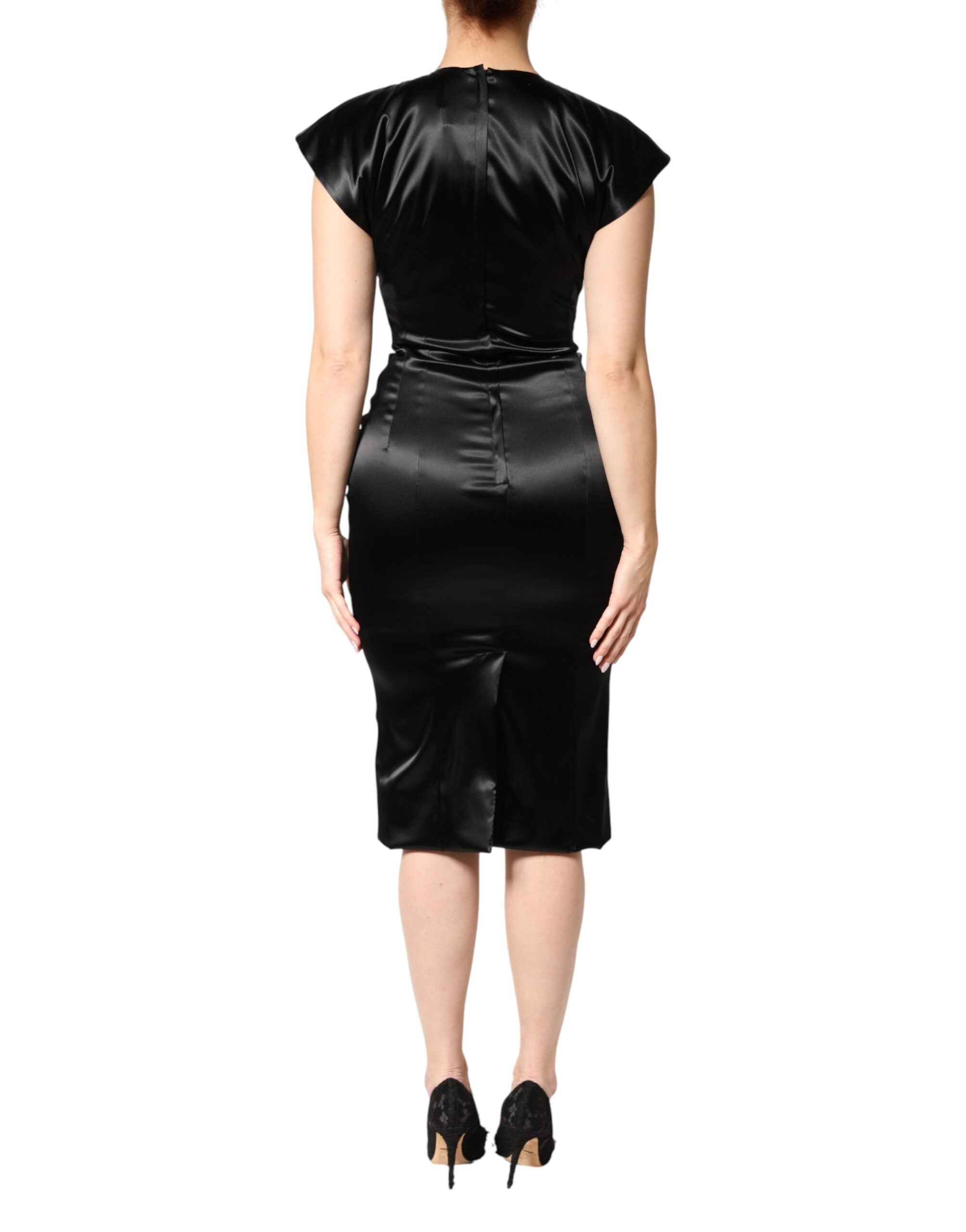 Dolce & Gabbana Black Satin Sheath Midi Cap Sleeves Dress