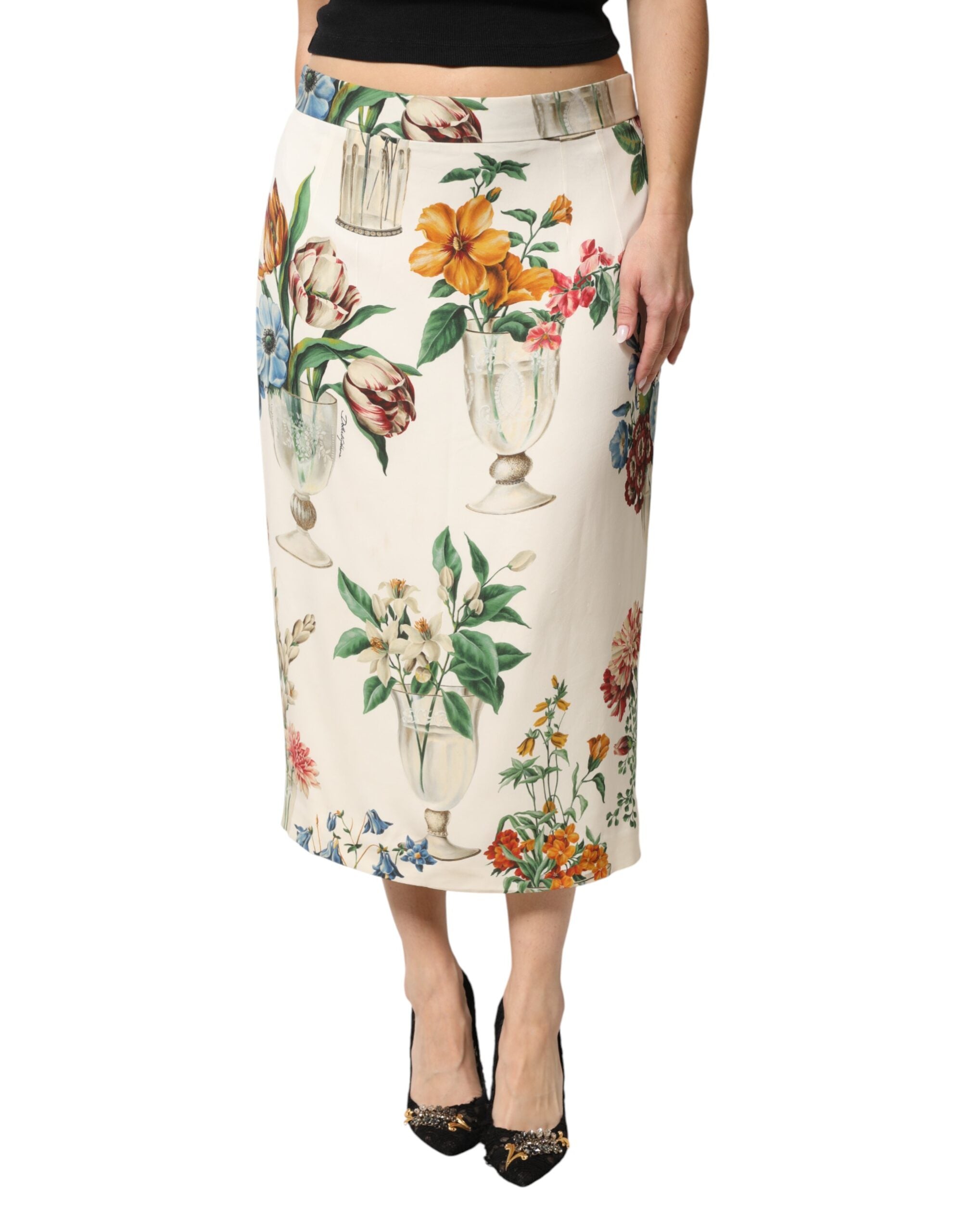 Dolce & Gabbana White Floral MidWaist Pencil Cut Midi Skirt
