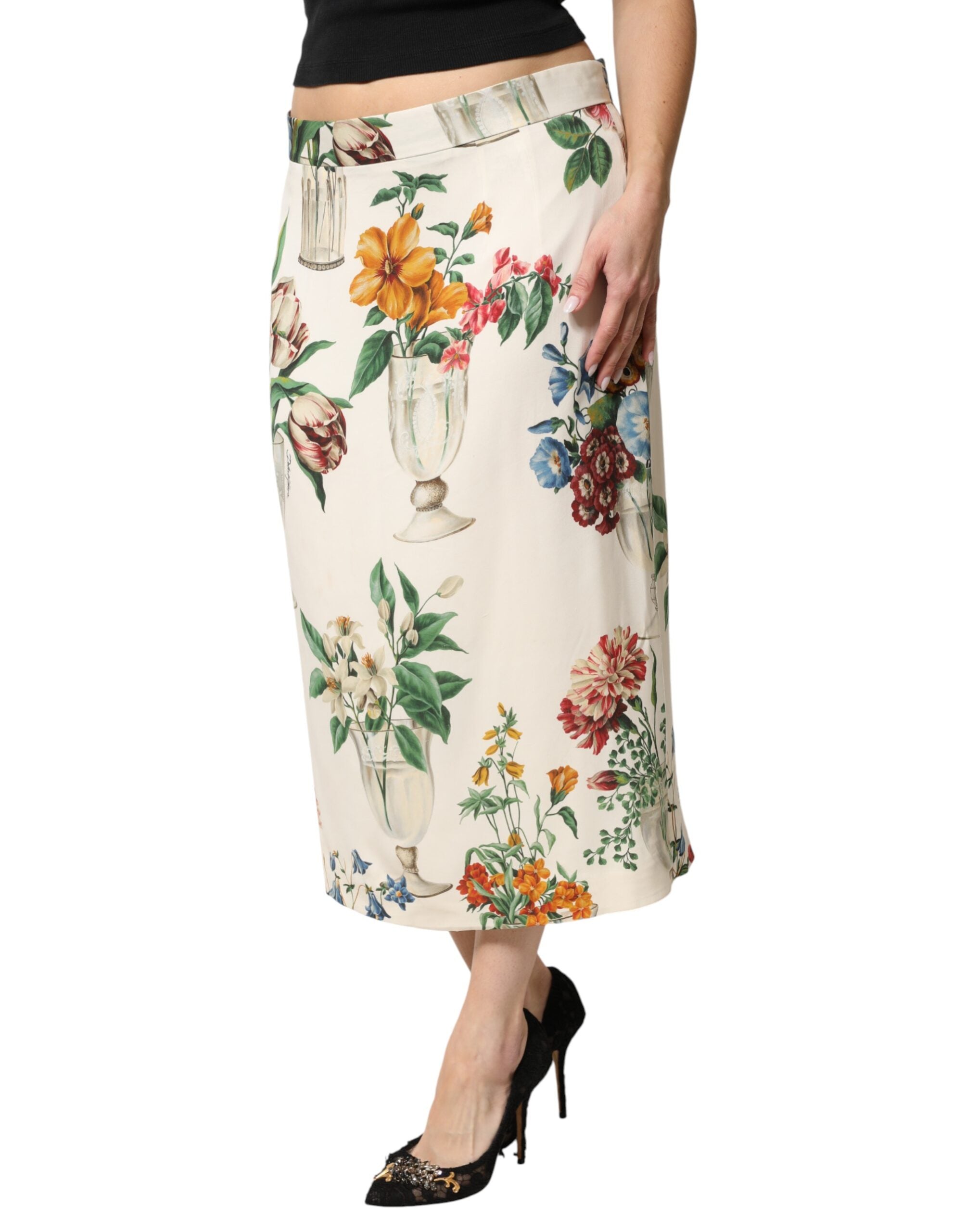 Dolce & Gabbana White Floral MidWaist Pencil Cut Midi Skirt