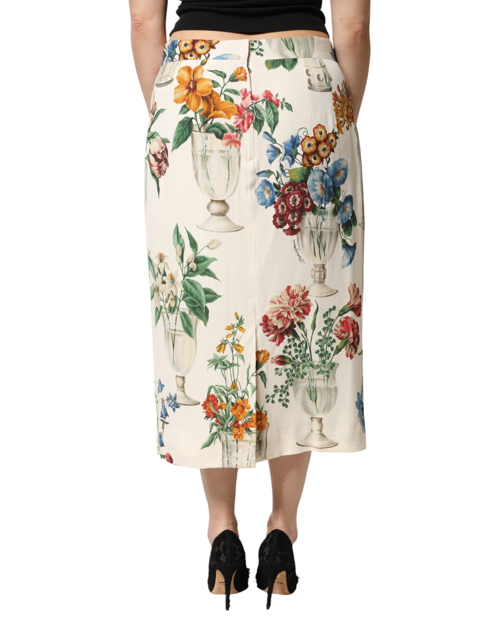 Dolce & Gabbana White Floral MidWaist Pencil Cut Midi Skirt