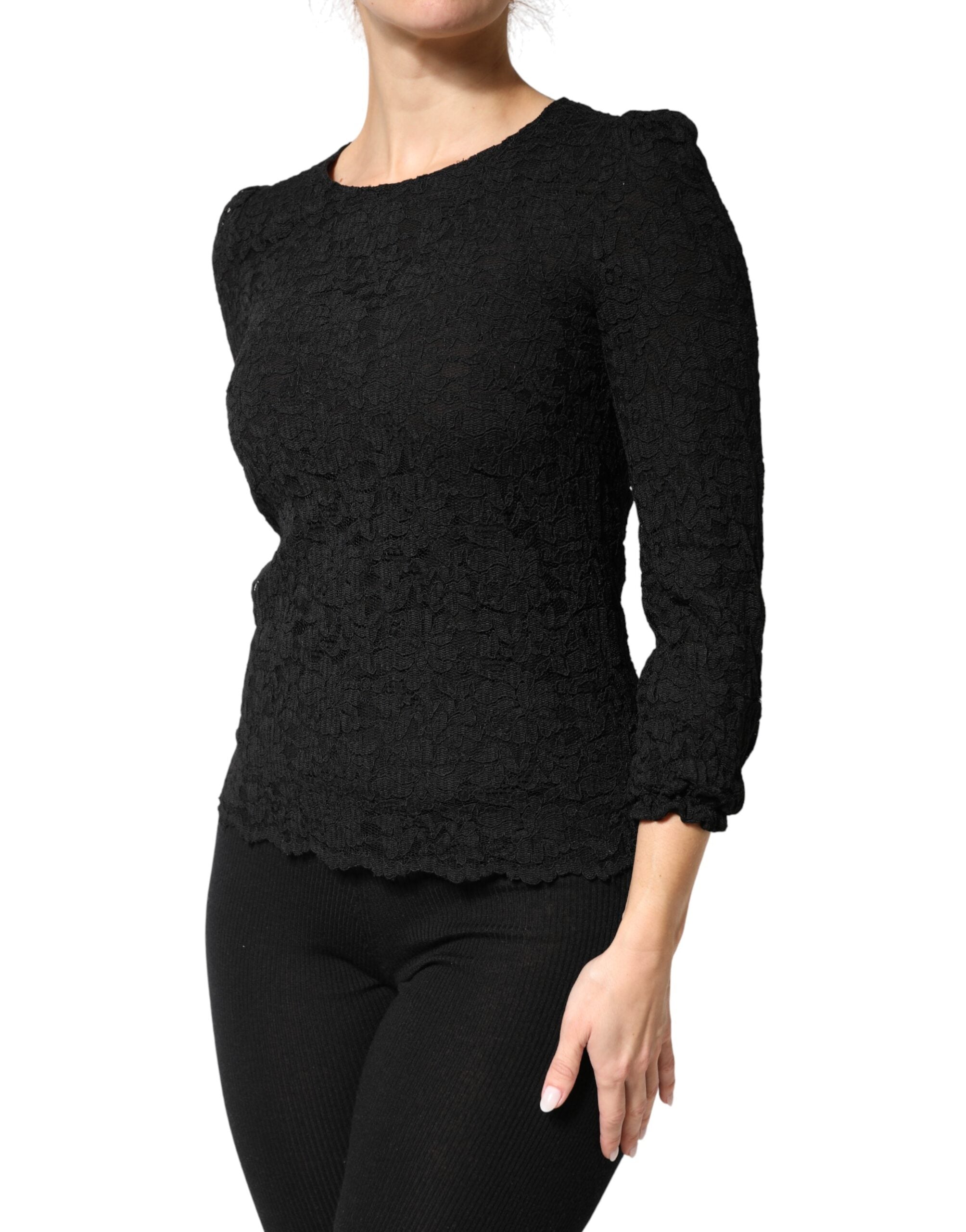 Dolce & Gabbana Black Floral Lace Silk Round Neck Blouse Top