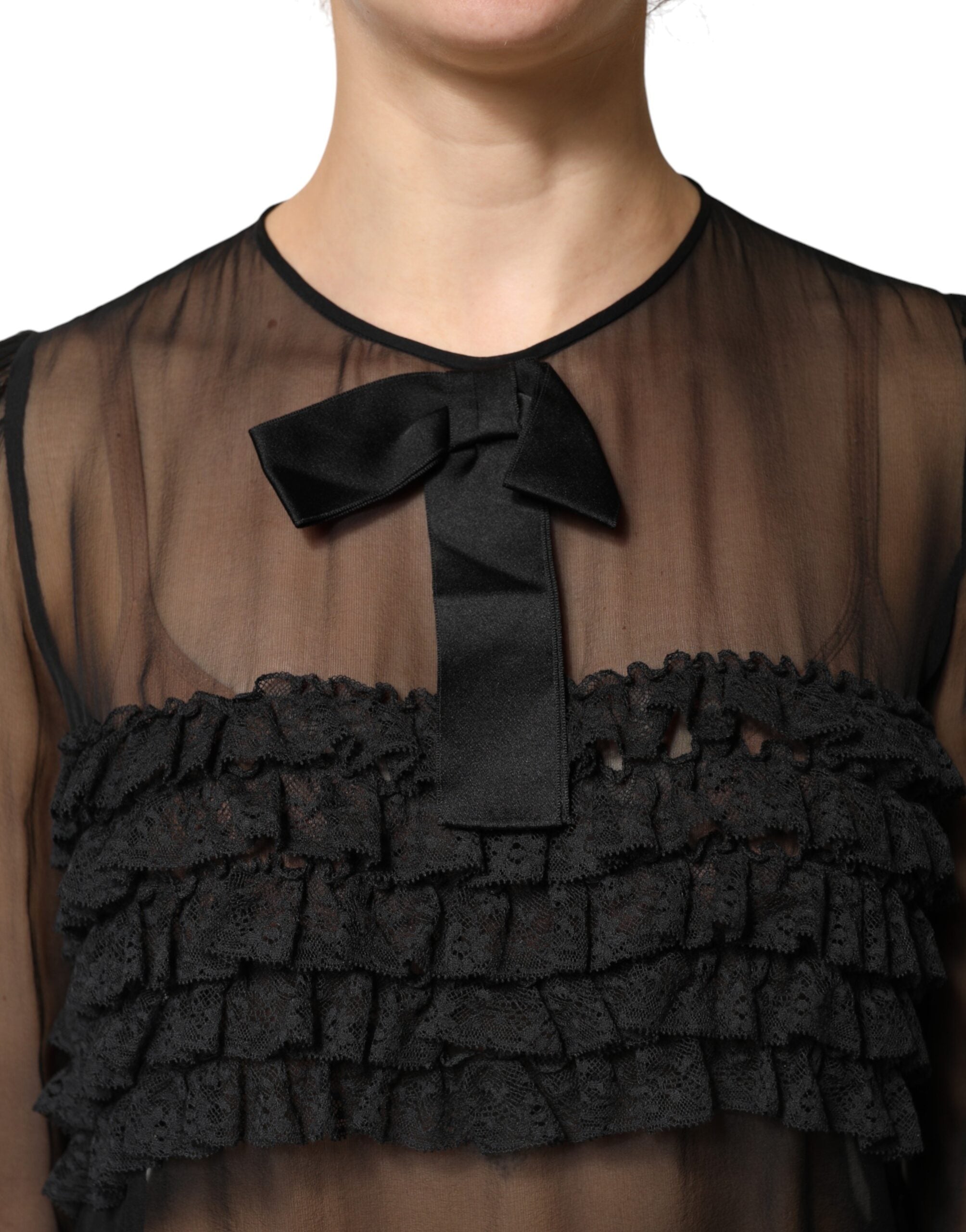 Dolce & Gabbana Black Silk Sheer Ruffle Tie-Neck Blouse Top