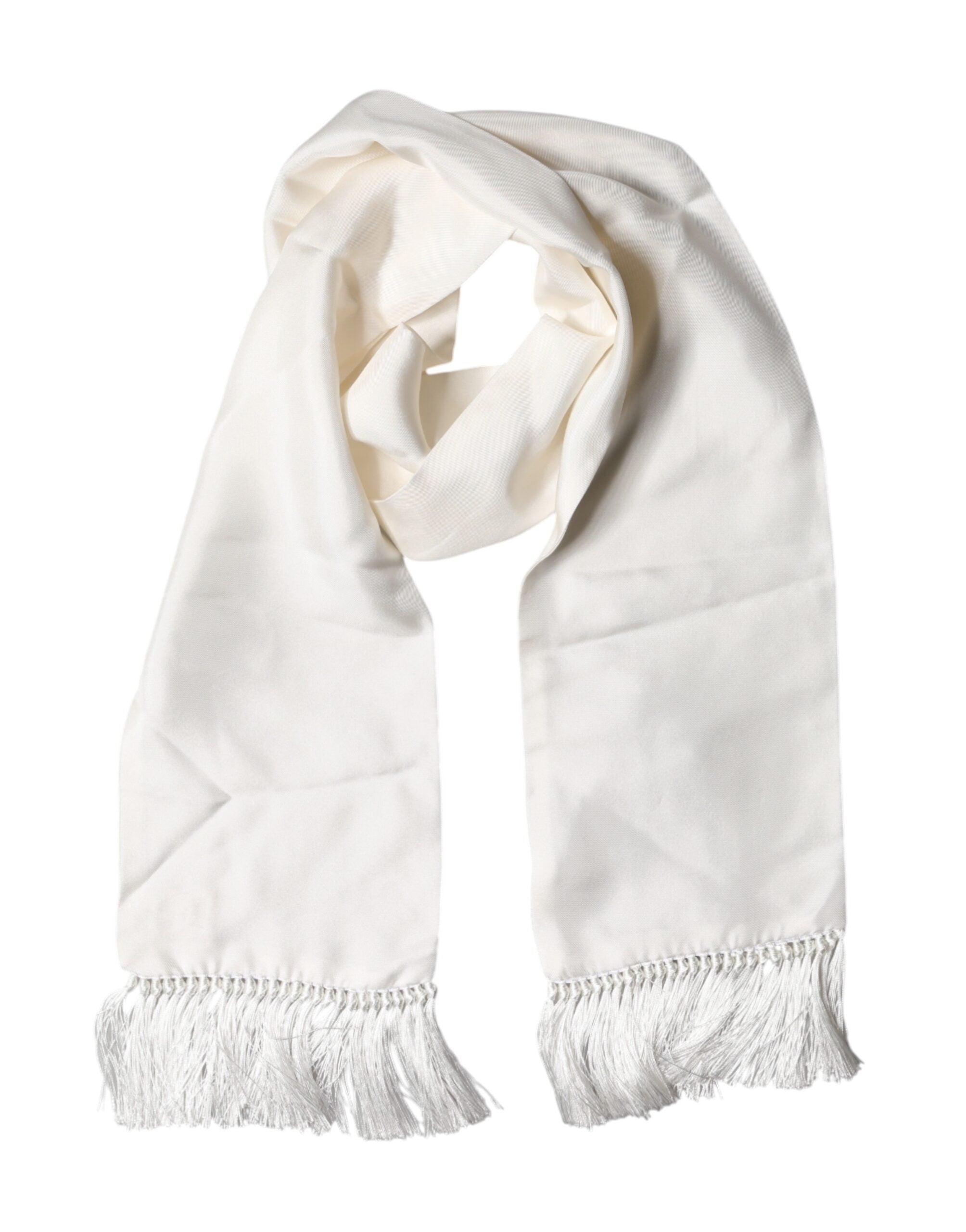 Dolce & Gabbana White Satin Silk Fringes Neck Foulard  Scarf
