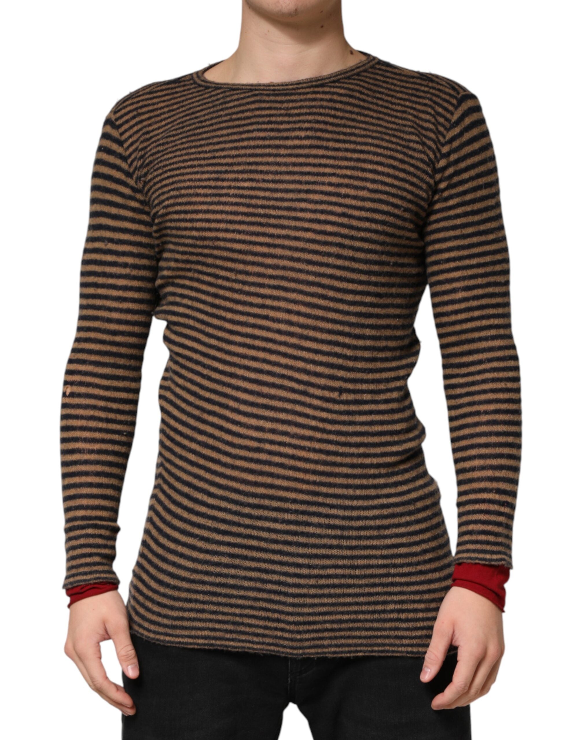 Daniele Alessandrini Brown Black Stripes Wool Crew Neck Pullover Sweater