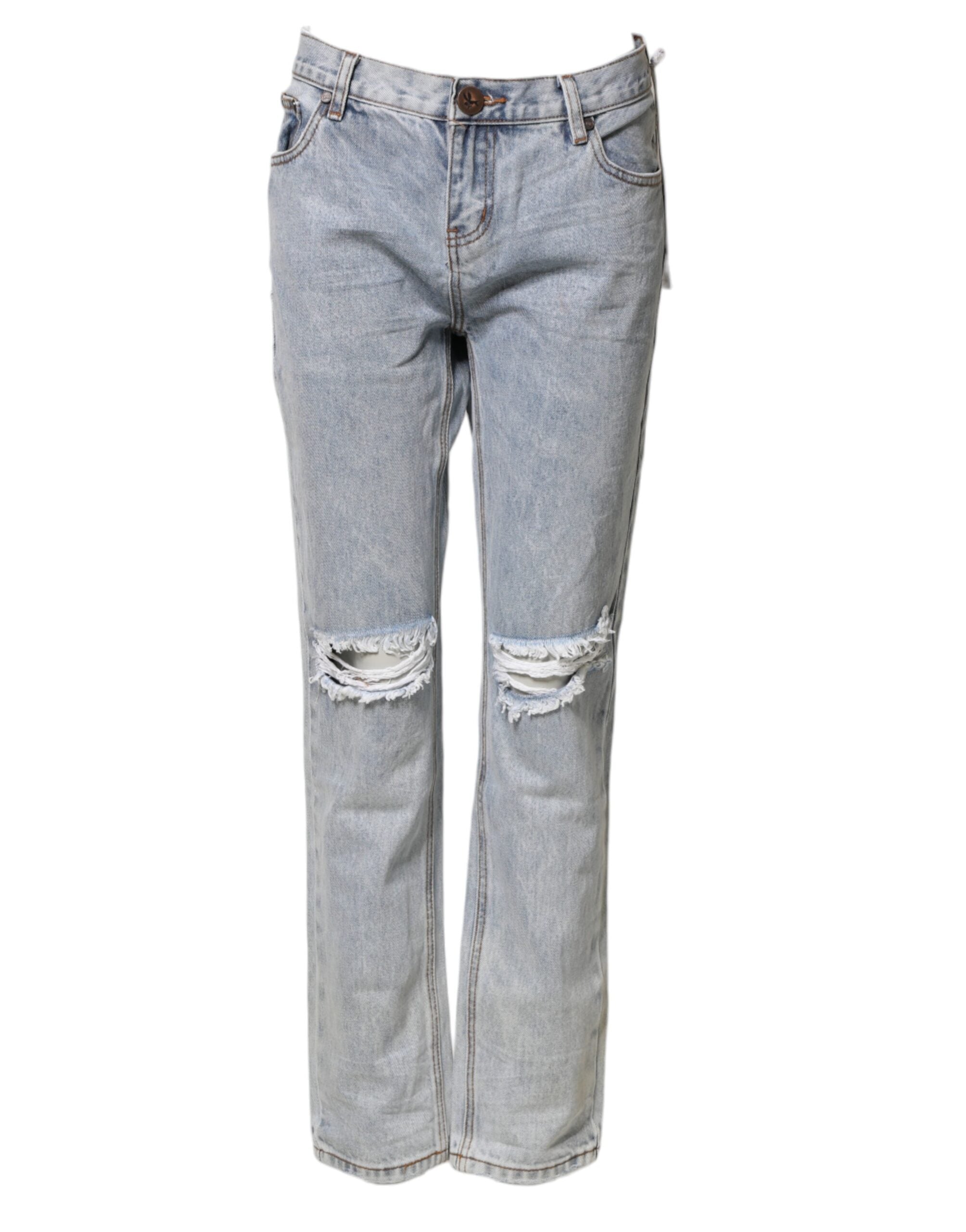 One Teaspoon Light Blue Tattered Mid Waist Straight Denim Jeans