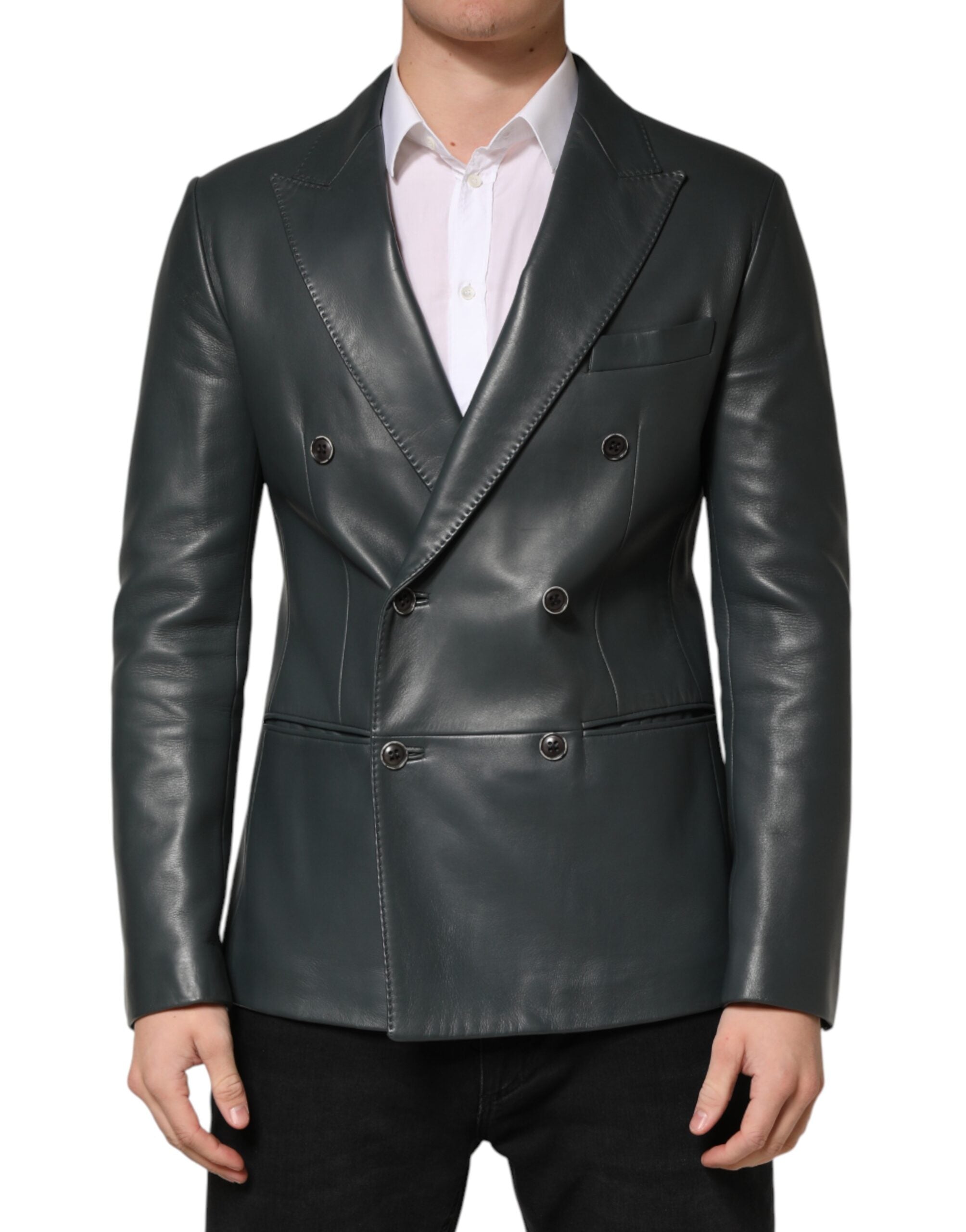 Dolce & Gabbana Black Leather Double Breasted 2Button Blazer