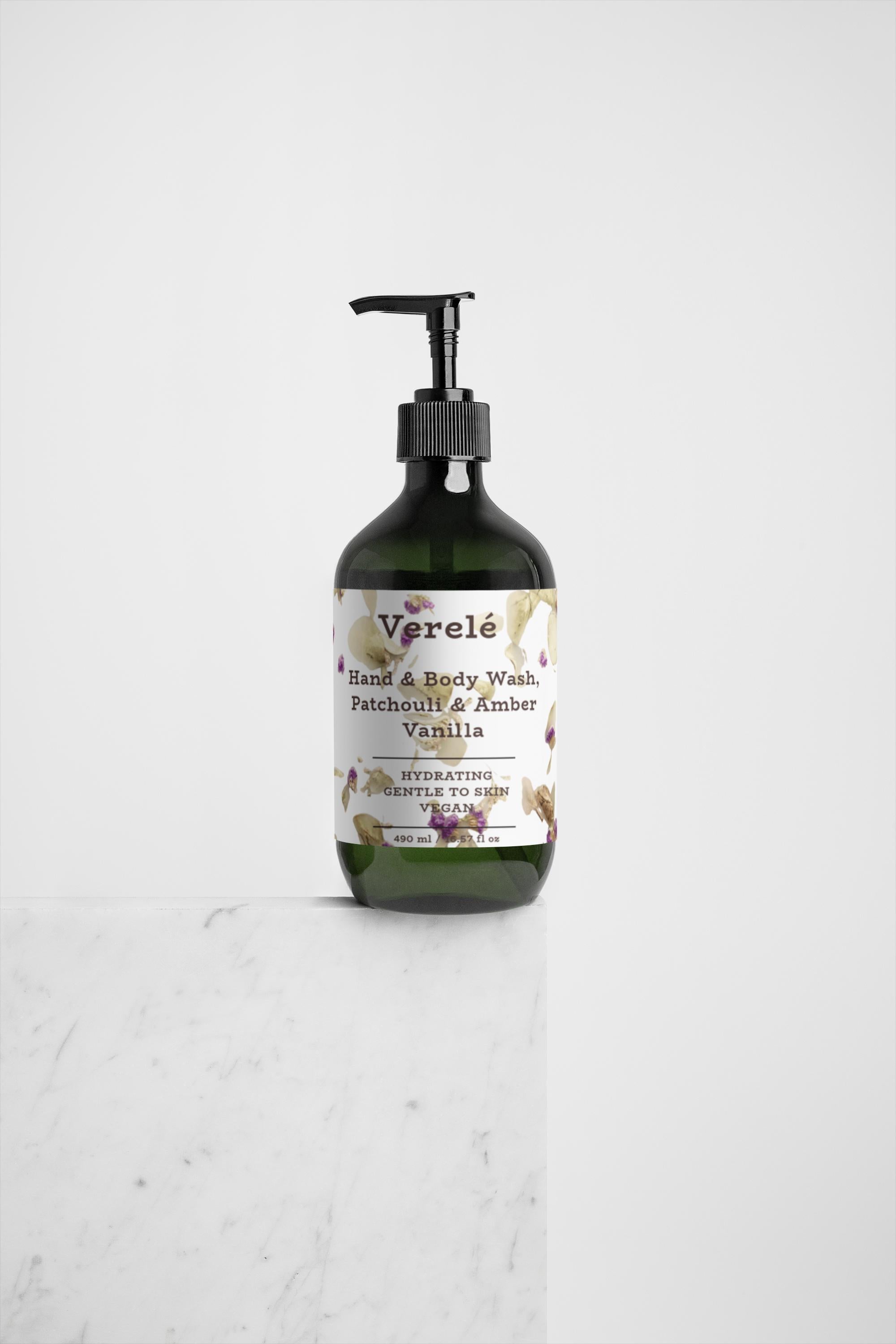 Hånd- og kropsvask med økologisk patchouli og ravvanilje – fugtgivende og vegansk – COSMOS NATURAL-certificeret, fremstillet i Europa af Verelé, 490 ml / 16,57 fl oz