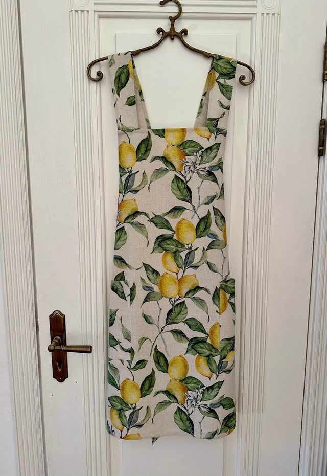 Ladies’ Apron with Crossed Straps – Lemon Linen, Japanese Style, 90% Cotton 10% Linen Blend, Comfortable Kitchen and Garden Apron, 84x102cm - Hilstor