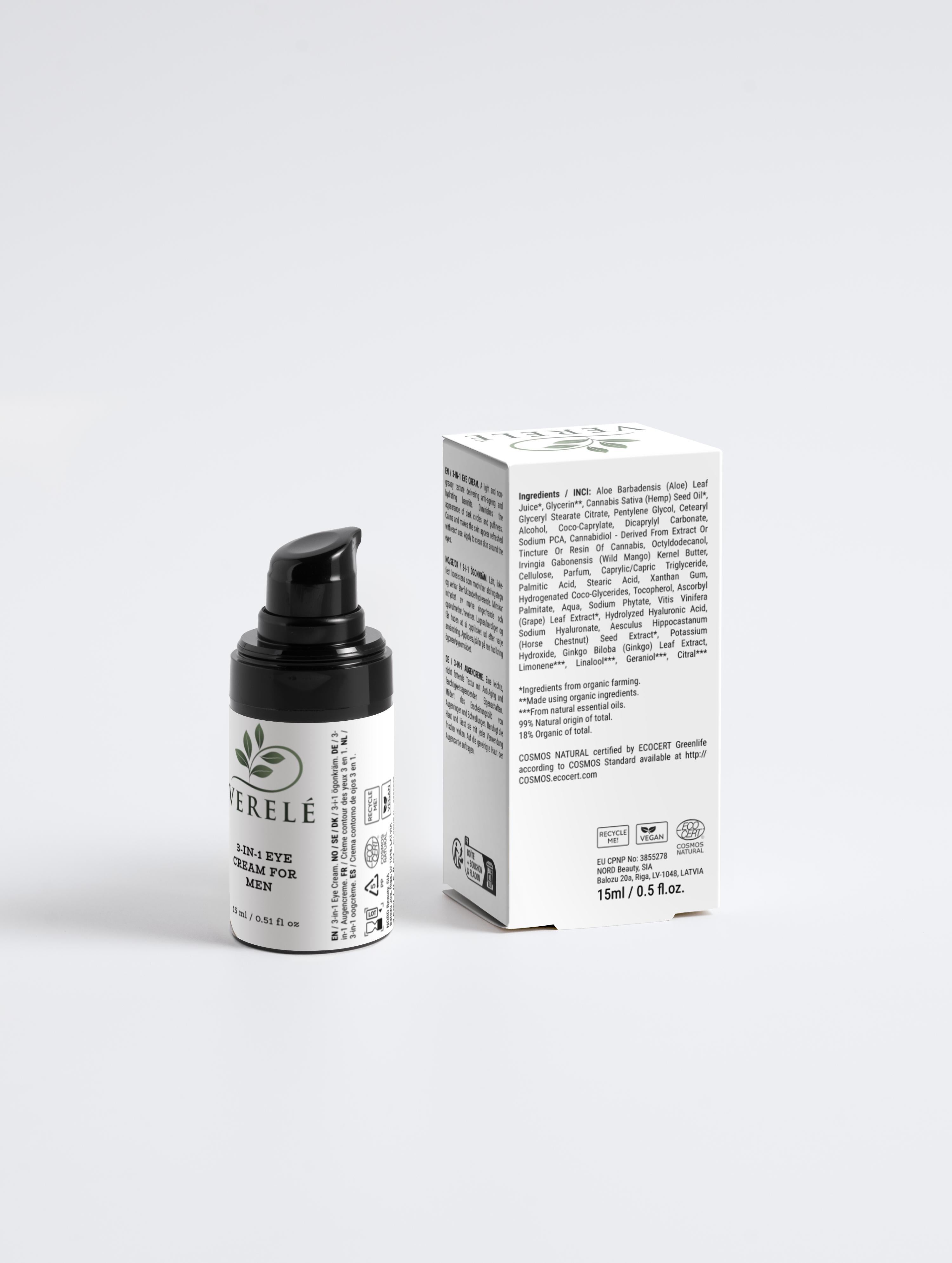 3-i-1 anti-aging øjencreme til mænd med cannabidiol og hyaluronsyre – fugtgivende og forfriskende – COSMOS NATURAL-certificeret, fremstillet i Europa af Verelé, 15 ml / 0,51 fl oz