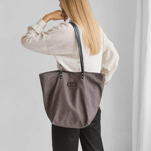 Brown Denim Tote Bag – Durable Striped Denim, Spacious Design with Inside Pockets, Handmade in Europe - Hilstor