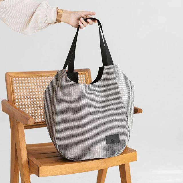 Striped LinenTote Bag – Durable Striped Linen, Spacious Design with Inside Pockets, Handmade in Europe - Hilstor